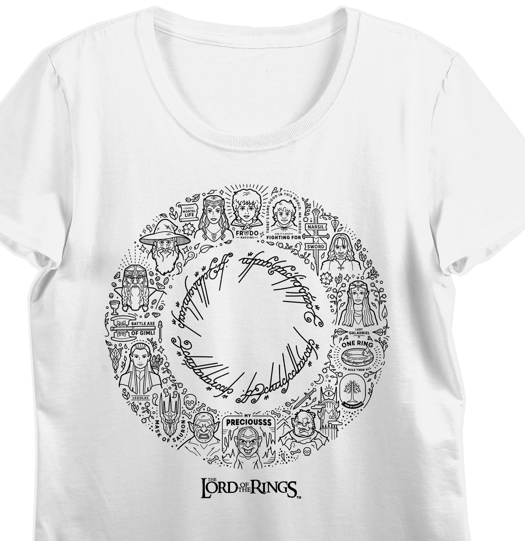 Lord Of The Rings Character Doodles One Ring Women's White Crew Neck Short Sleeve T-shirt