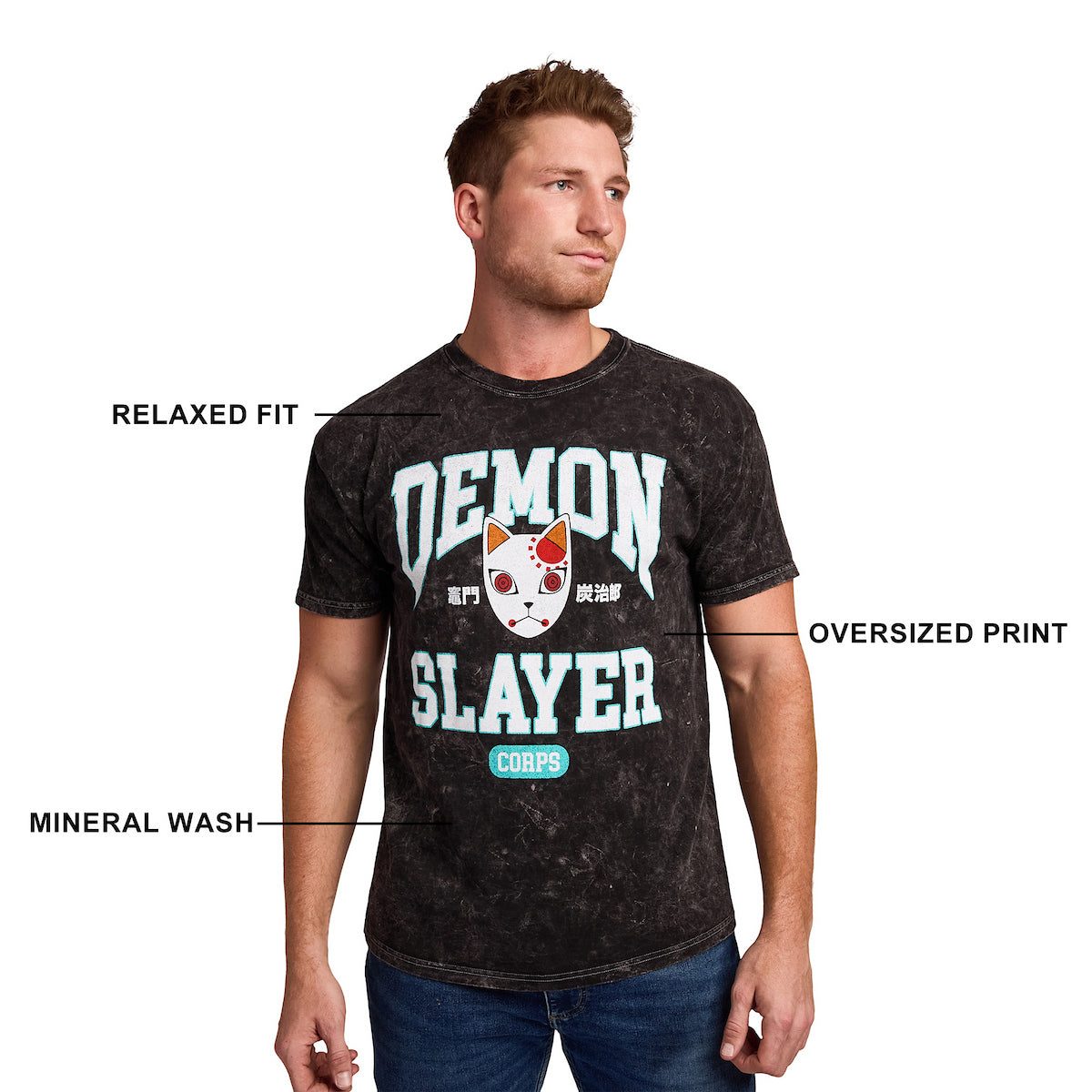 Demon Slayer Tanjiro Fox Mask Men's Black Mineral Wash Crew Neck Short Sleeve T-shirt