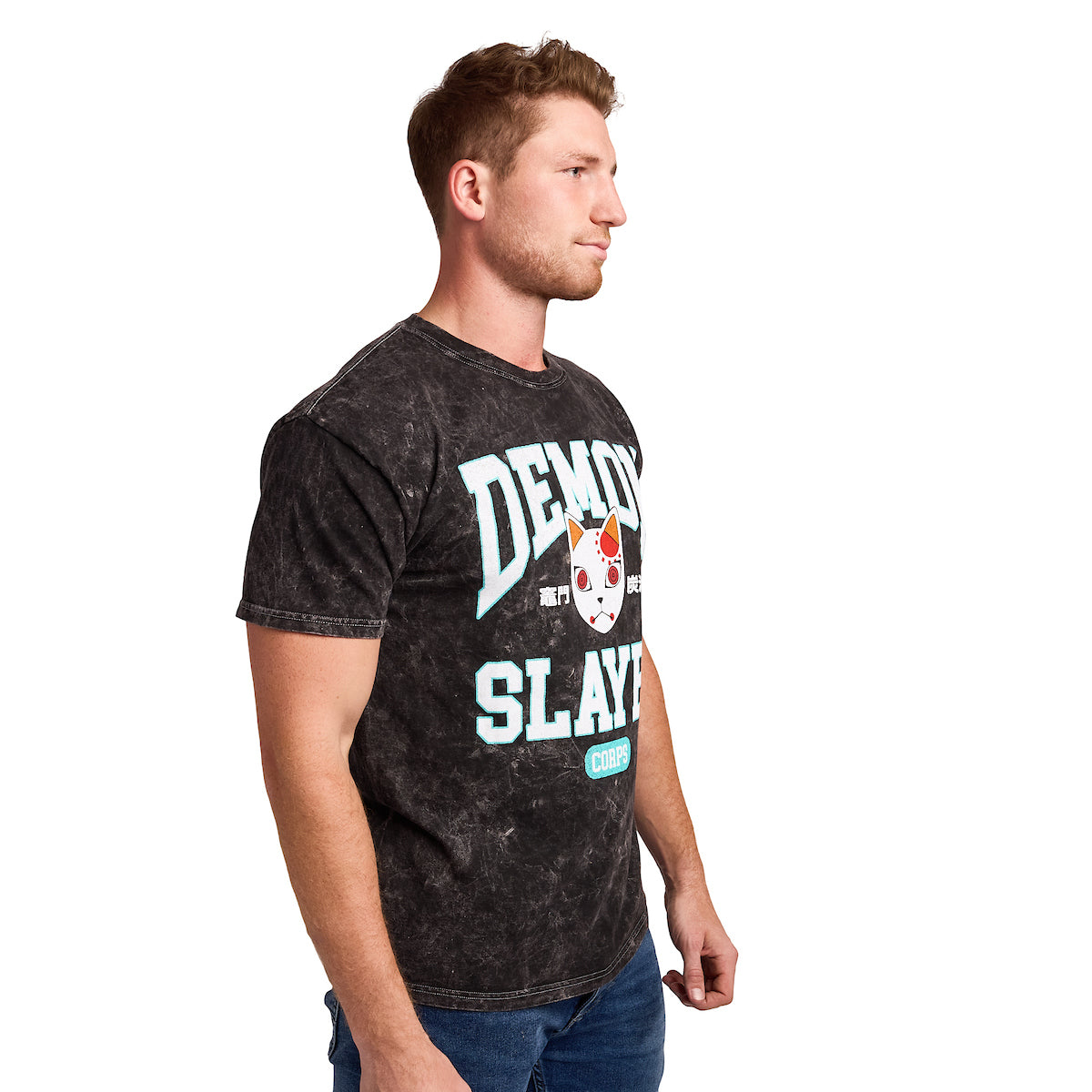 Demon Slayer Tanjiro Fox Mask Men's Black Mineral Wash Crew Neck Short Sleeve T-shirt