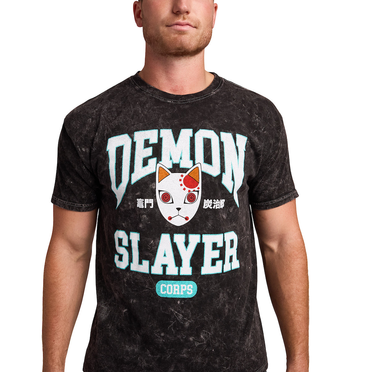 Demon Slayer Tanjiro Fox Mask Men's Black Mineral Wash Crew Neck Short Sleeve T-shirt