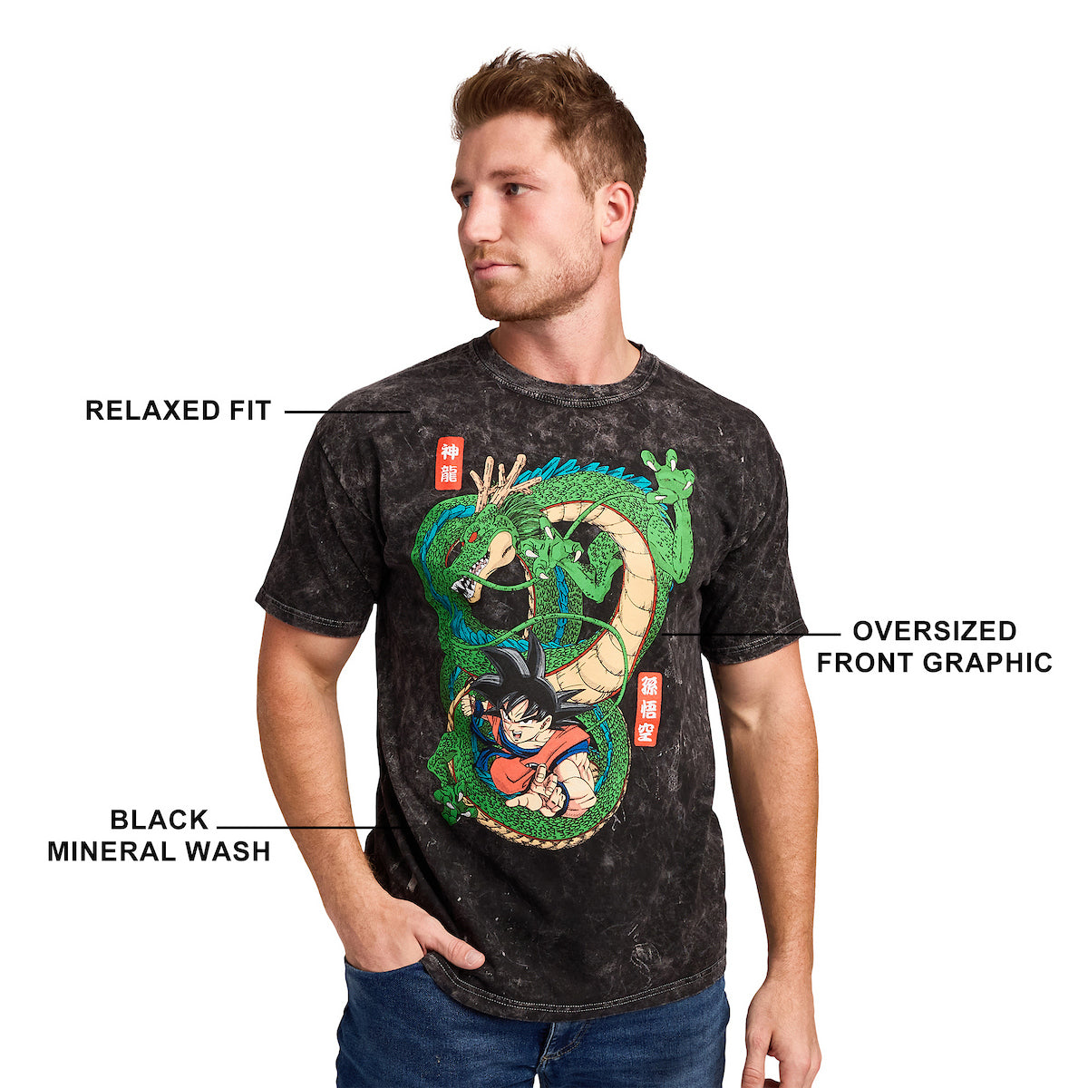 Dragon Ball Goku & Shenron Men's Black Mineral Wash Crew Neck Short Sleeve T-shirt