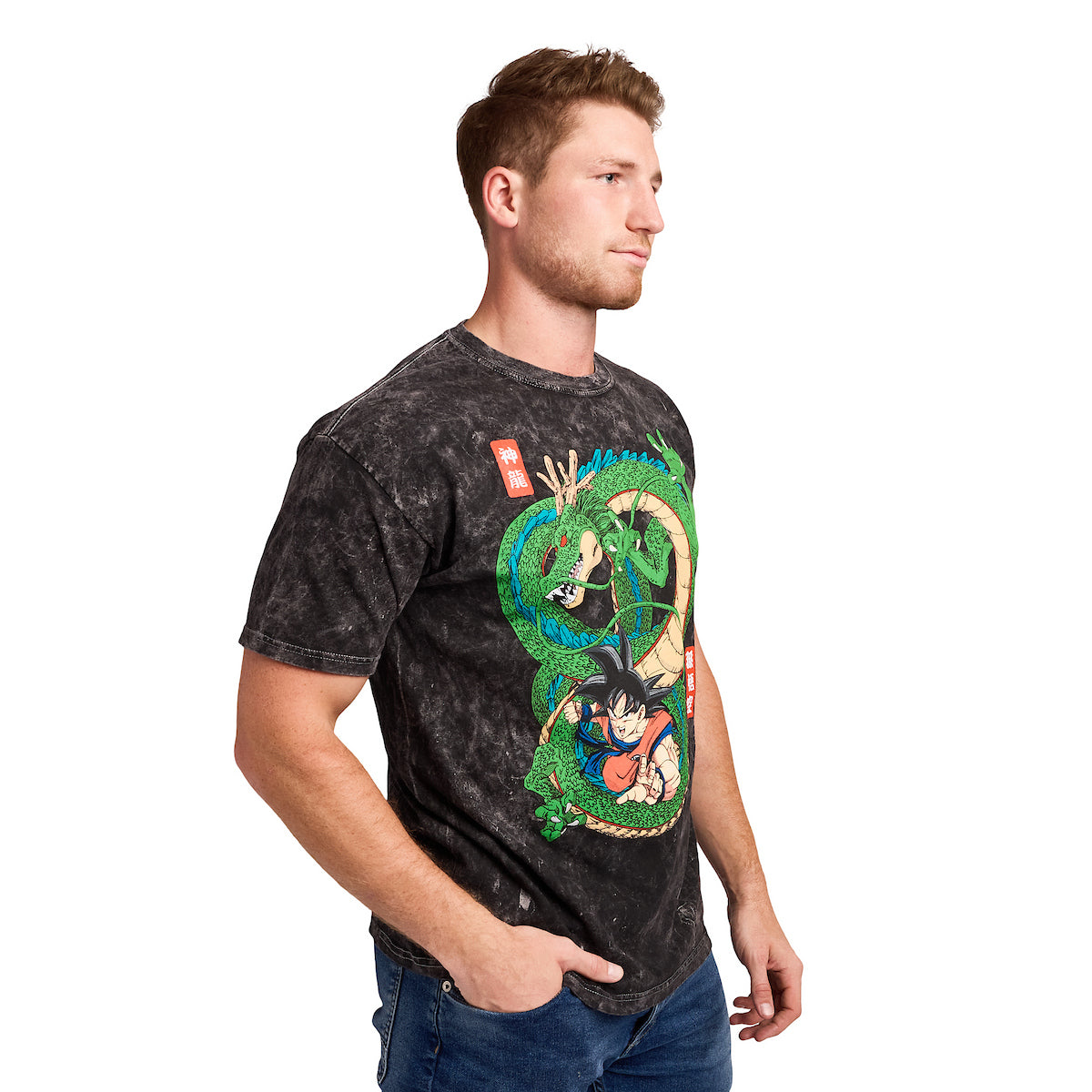 Dragon Ball Goku & Shenron Men's Black Mineral Wash Crew Neck Short Sleeve T-shirt