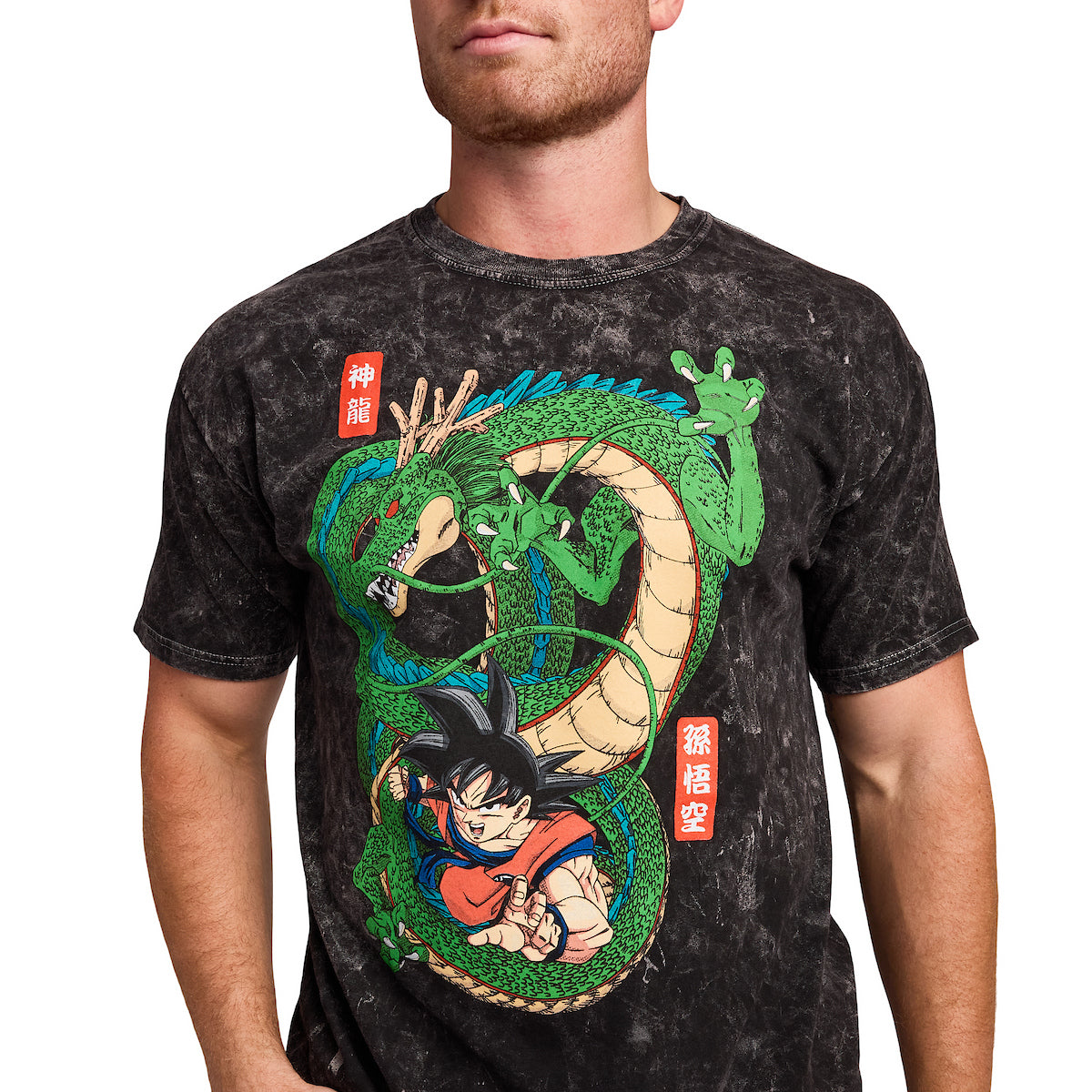 Dragon Ball Goku & Shenron Men's Black Mineral Wash Crew Neck Short Sleeve T-shirt