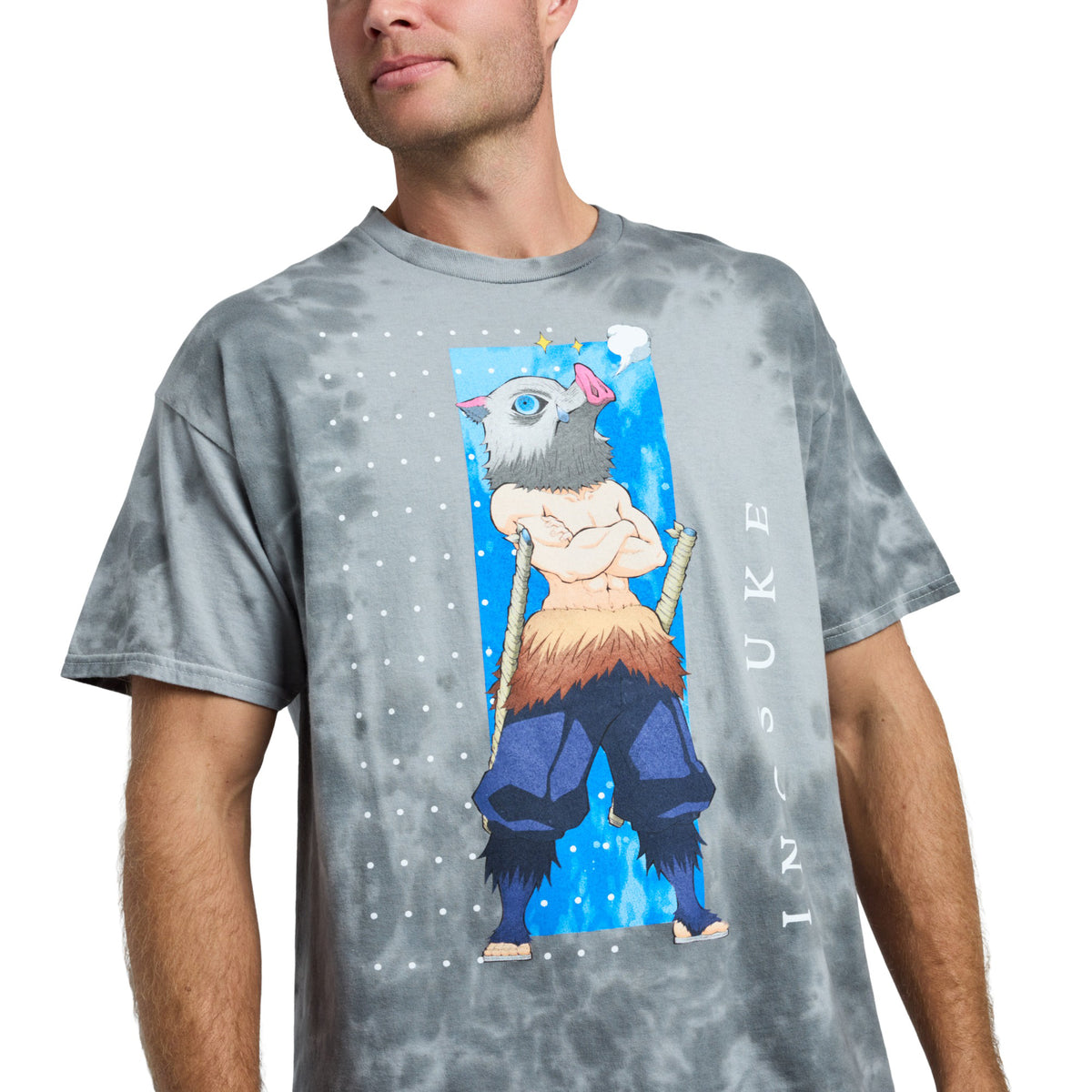 Demon Slayer Inosuke Dot Grid Gray Wash Short Sleeve Tee Shirt for Men