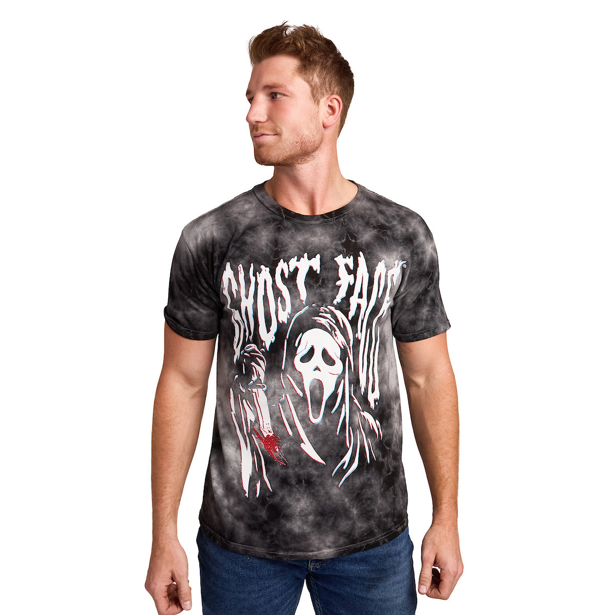 Ghost Face Stretched Graphic Adult Black Cloud Wash Short Sleeve Tee