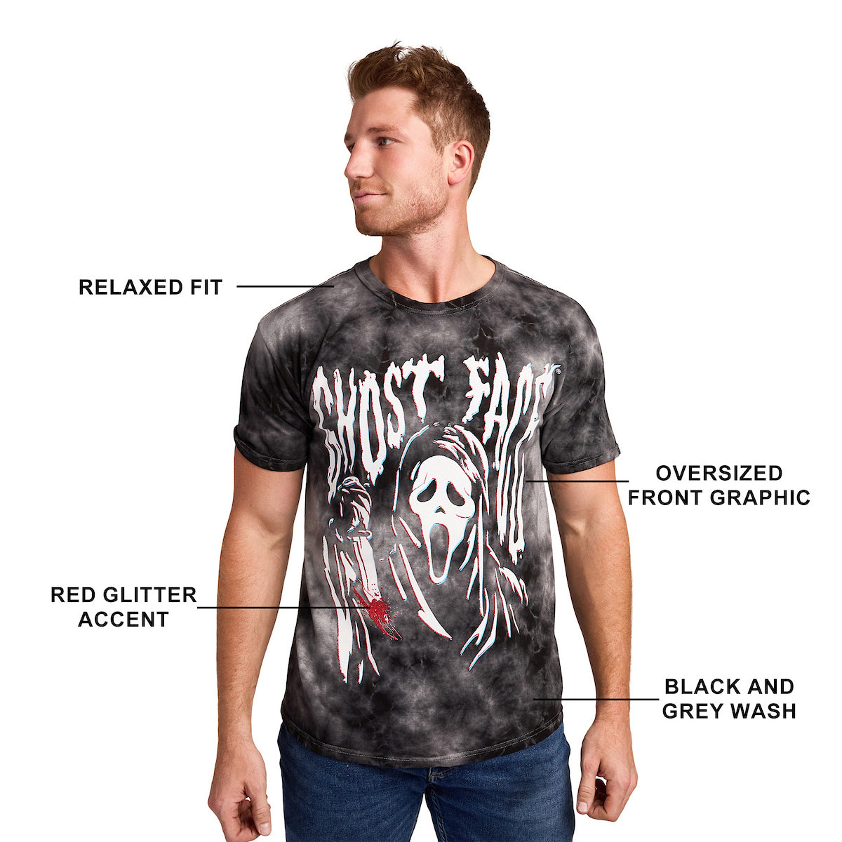 Ghost Face Stretched Graphic Adult Black Cloud Wash Short Sleeve Tee