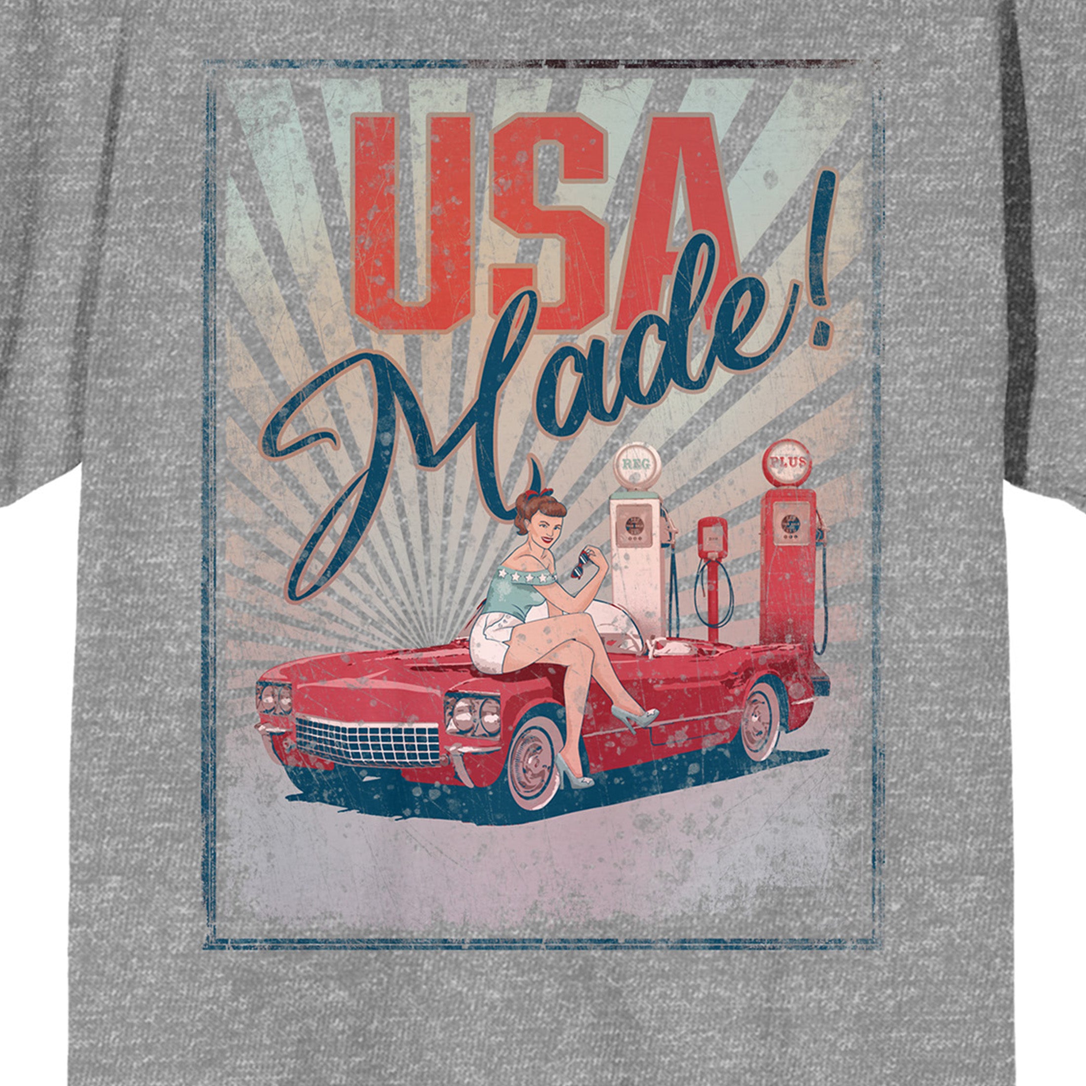 Americana USA Made Vintage Pin-Up Car Girl Graphic Crew Neck Short Sleeve Athletic Heather Men's T-shirt