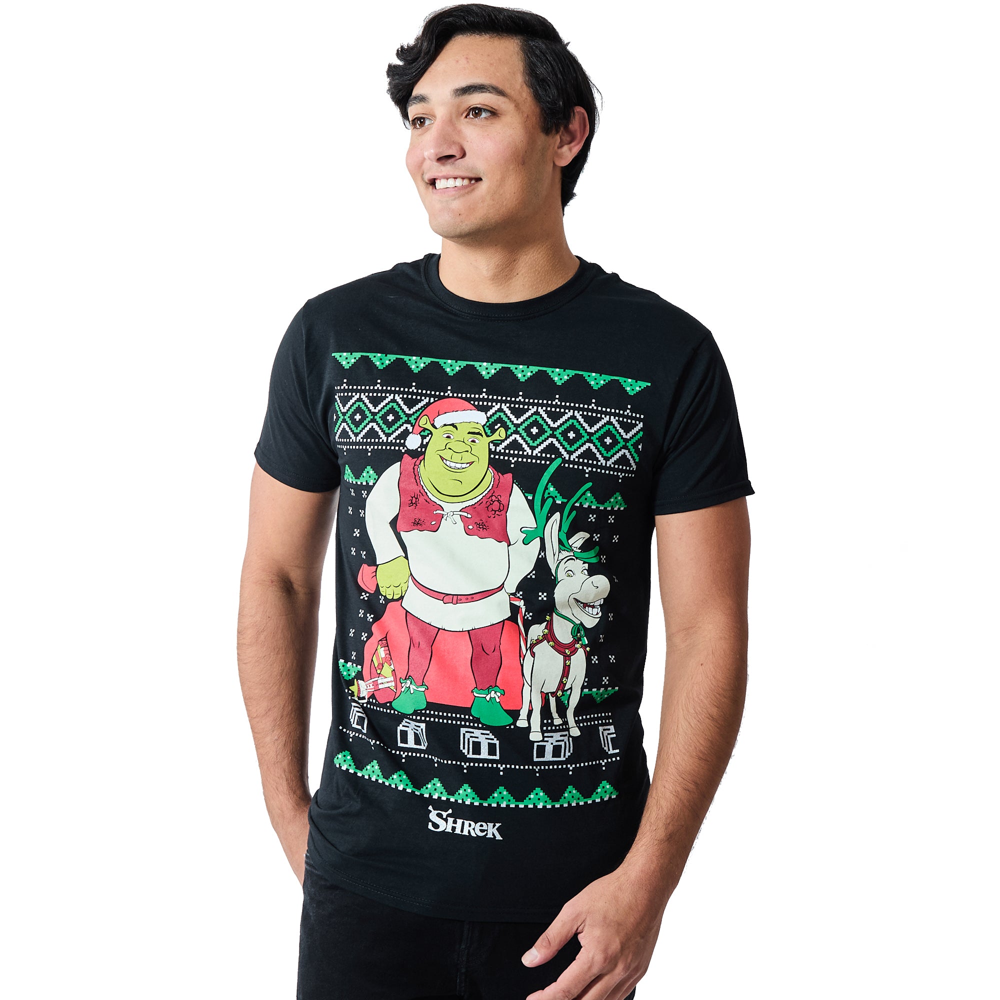 Shrek & Donkey Holiday Sweater Pattern Men's Charcoal Crew Neck Short Sleeve T-shirt