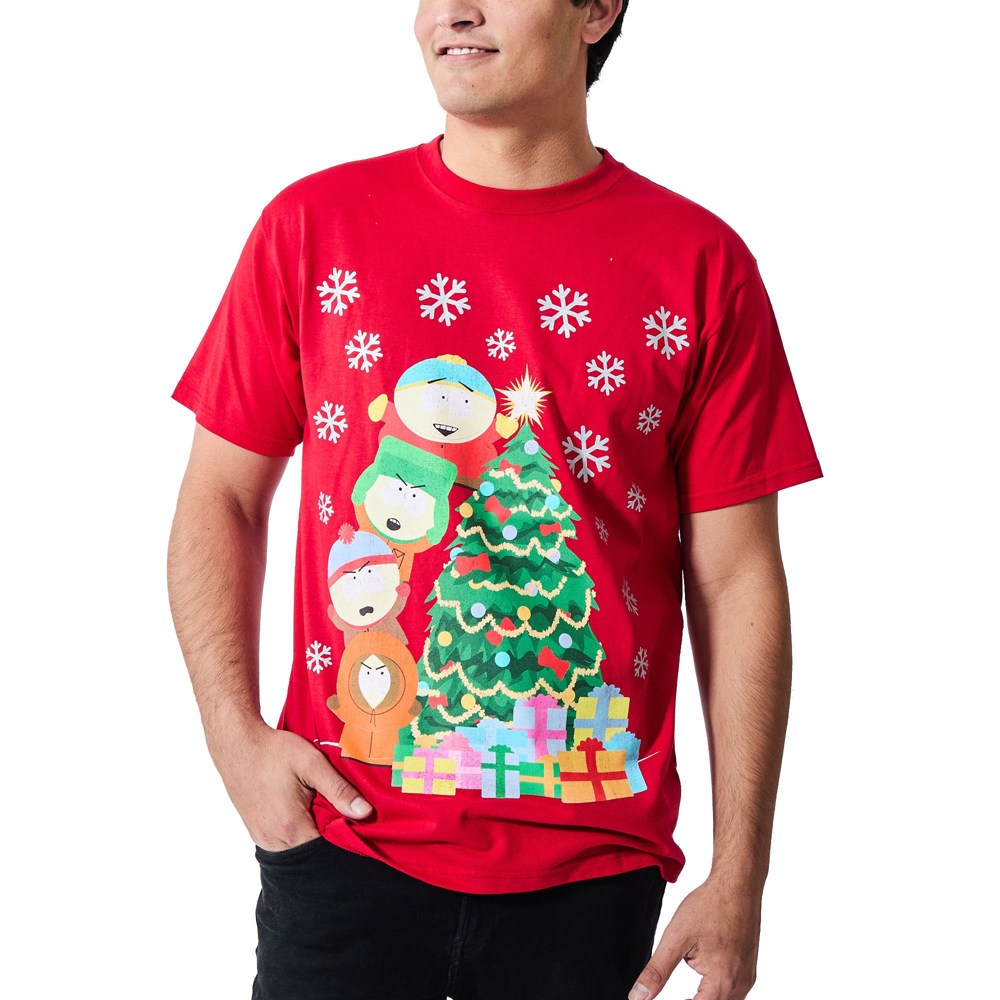 South Park Oversized Group Shot Decorating Christmas Tree Men's Red Crew Neck Short Sleeve T-shirt