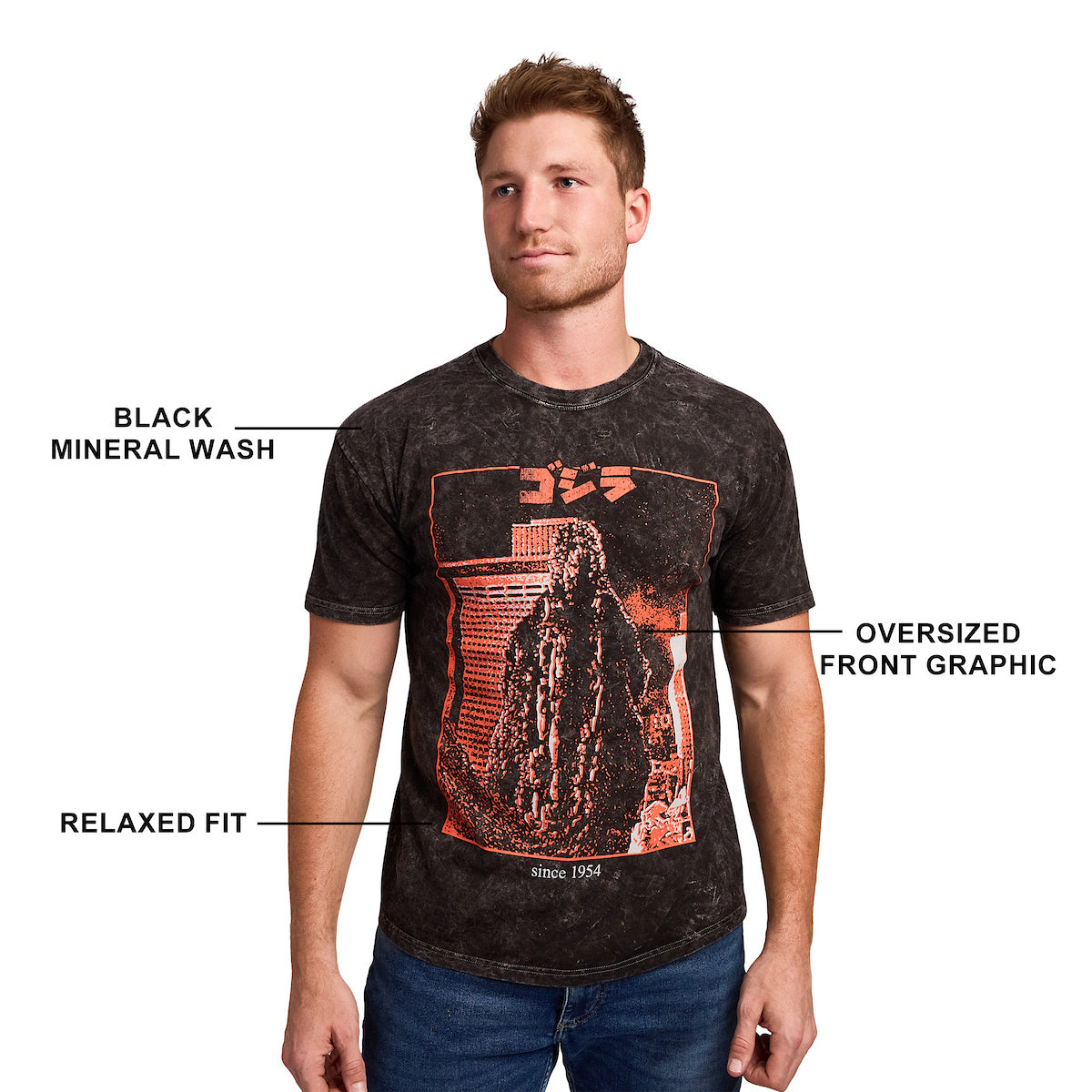 Godzilla Kanji Title Art Men's Black Cloud Wash Short Sleeve Tee