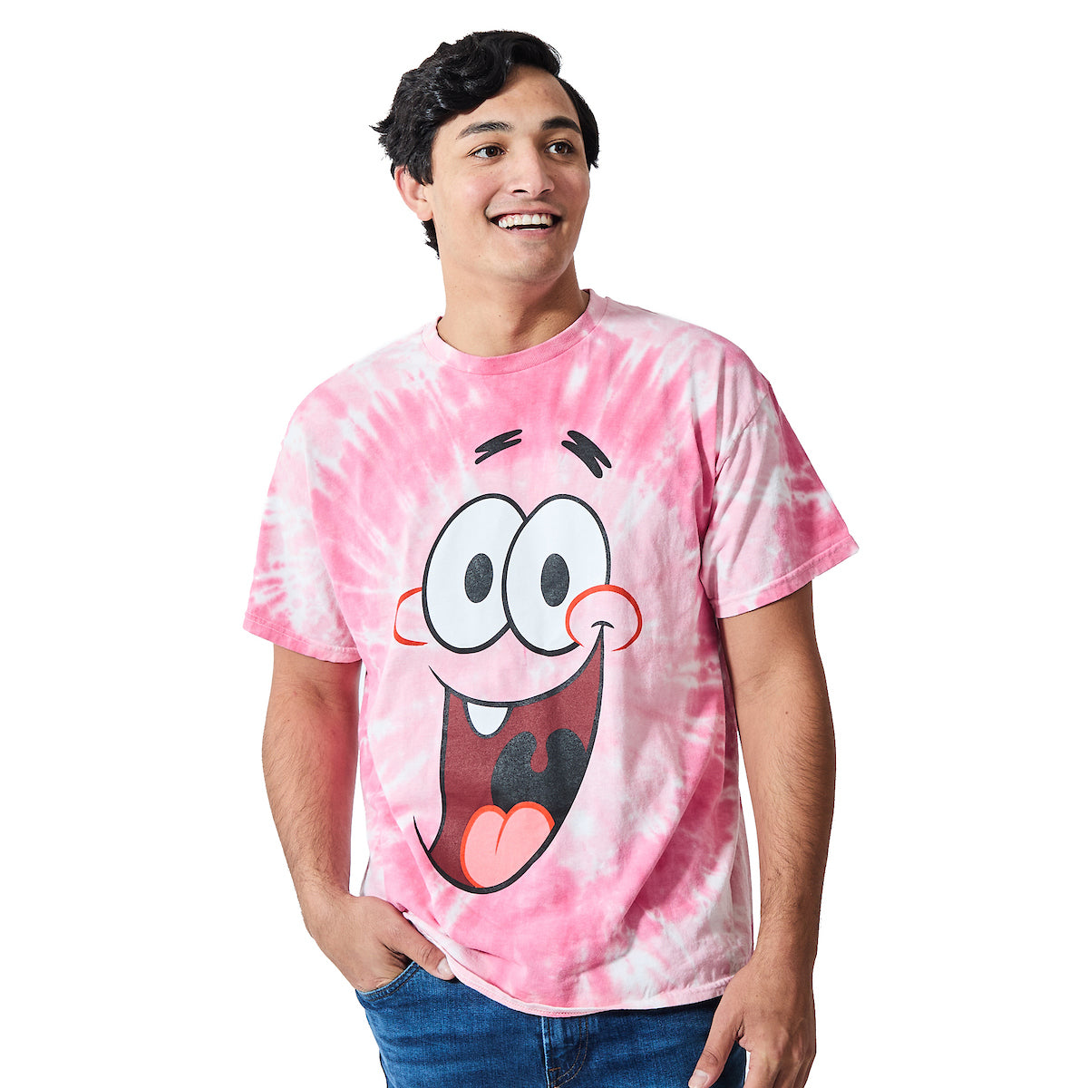 Spongebob Squarepants Big Face Patrick Men's Pink Spiral Wash Crew Neck Short Sleeve T-shirt
