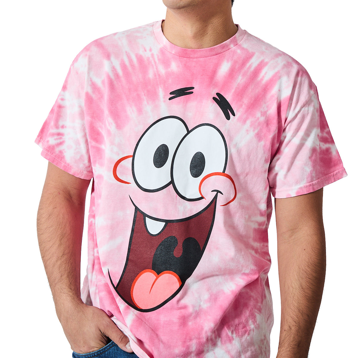 Spongebob Squarepants Big Face Patrick Men's Pink Spiral Wash Crew Neck Short Sleeve T-shirt