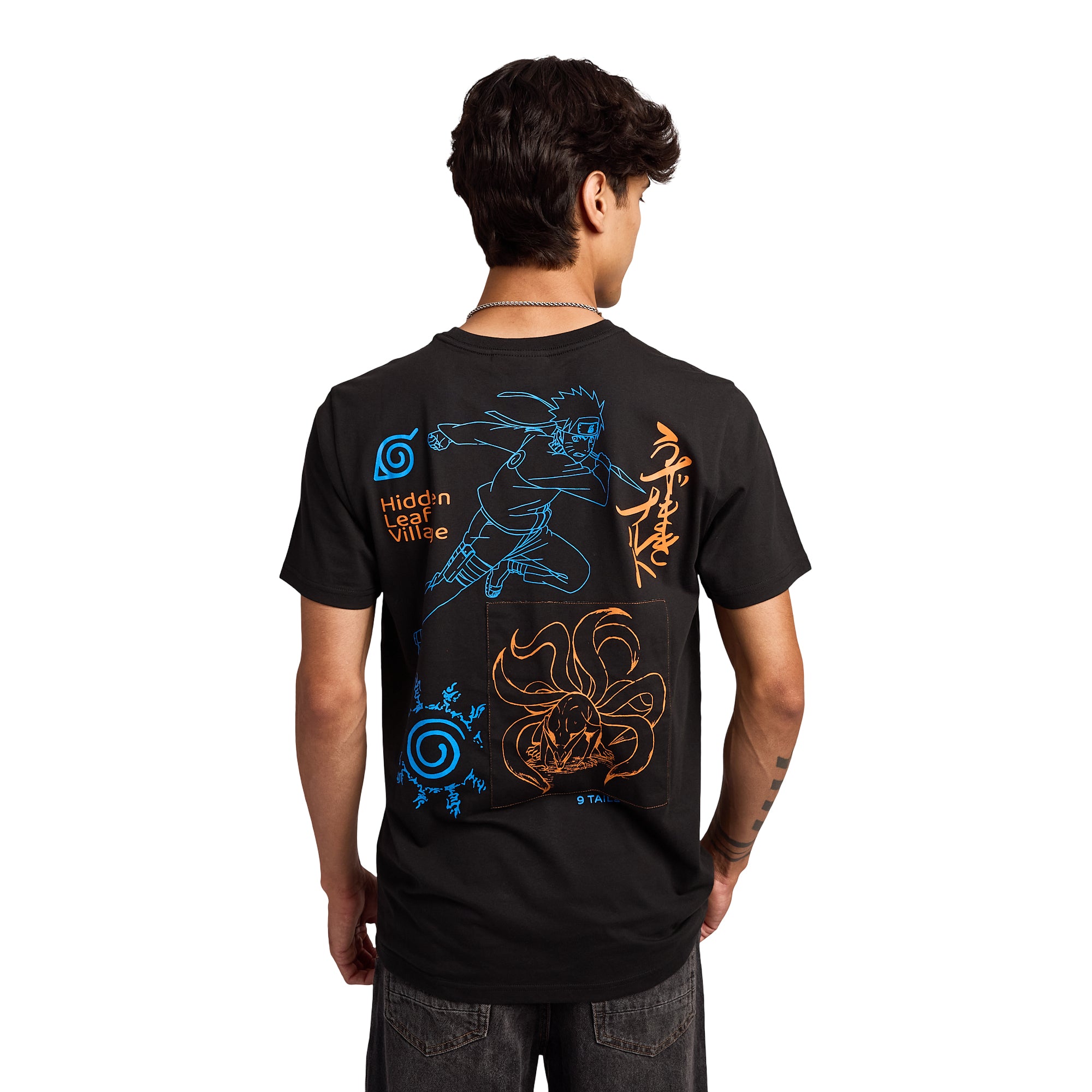 Naruto Shippuden Neon Character Line Art Men's Black Crew Neck Short Sleeve T-shirt