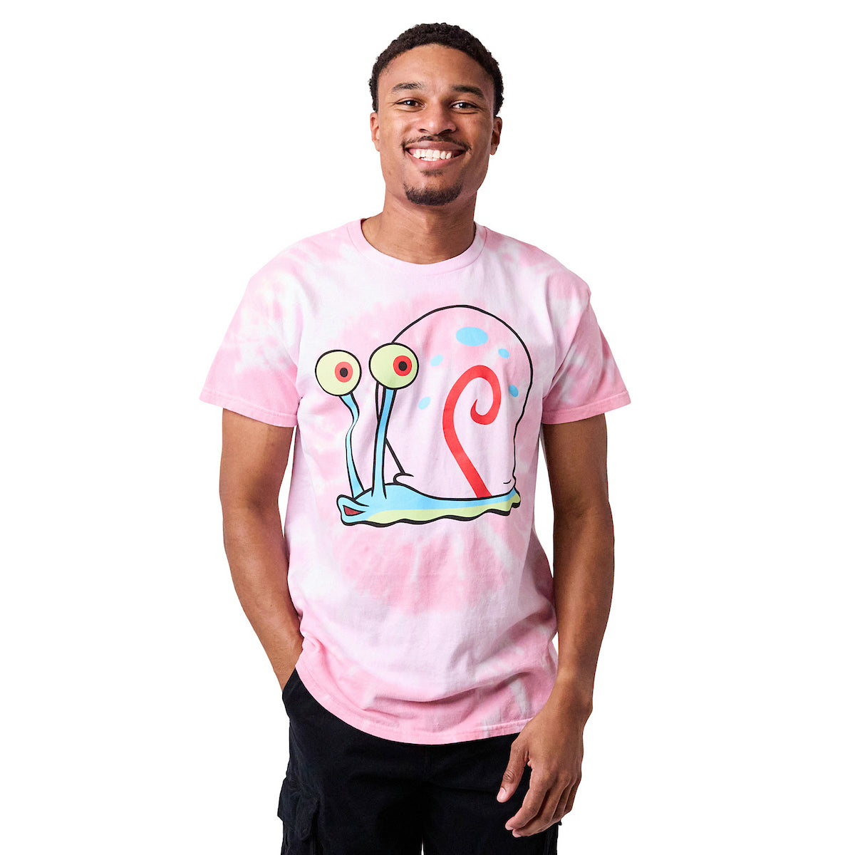 Spongebob Squarepants Big Face Gary Adult Pink Spiral Tie-Dye Crew Neck Short Sleeve T-shirt