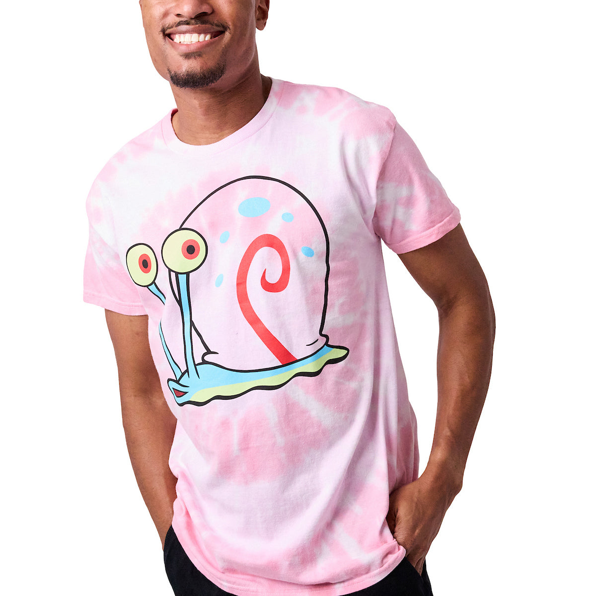Spongebob Squarepants Big Face Gary Adult Pink Spiral Tie-Dye Crew Neck Short Sleeve T-shirt