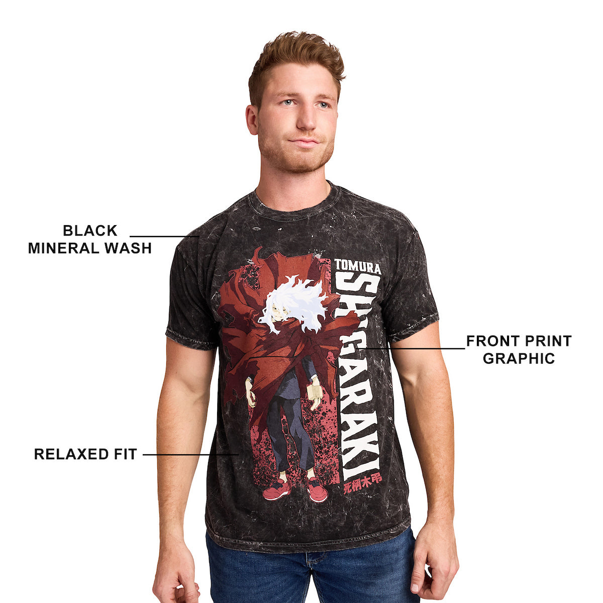 My Hero Academia Tomura Shigaraki Men's Black Mineral Wash Oversized Crew Neck Short Sleeve T-shirt
