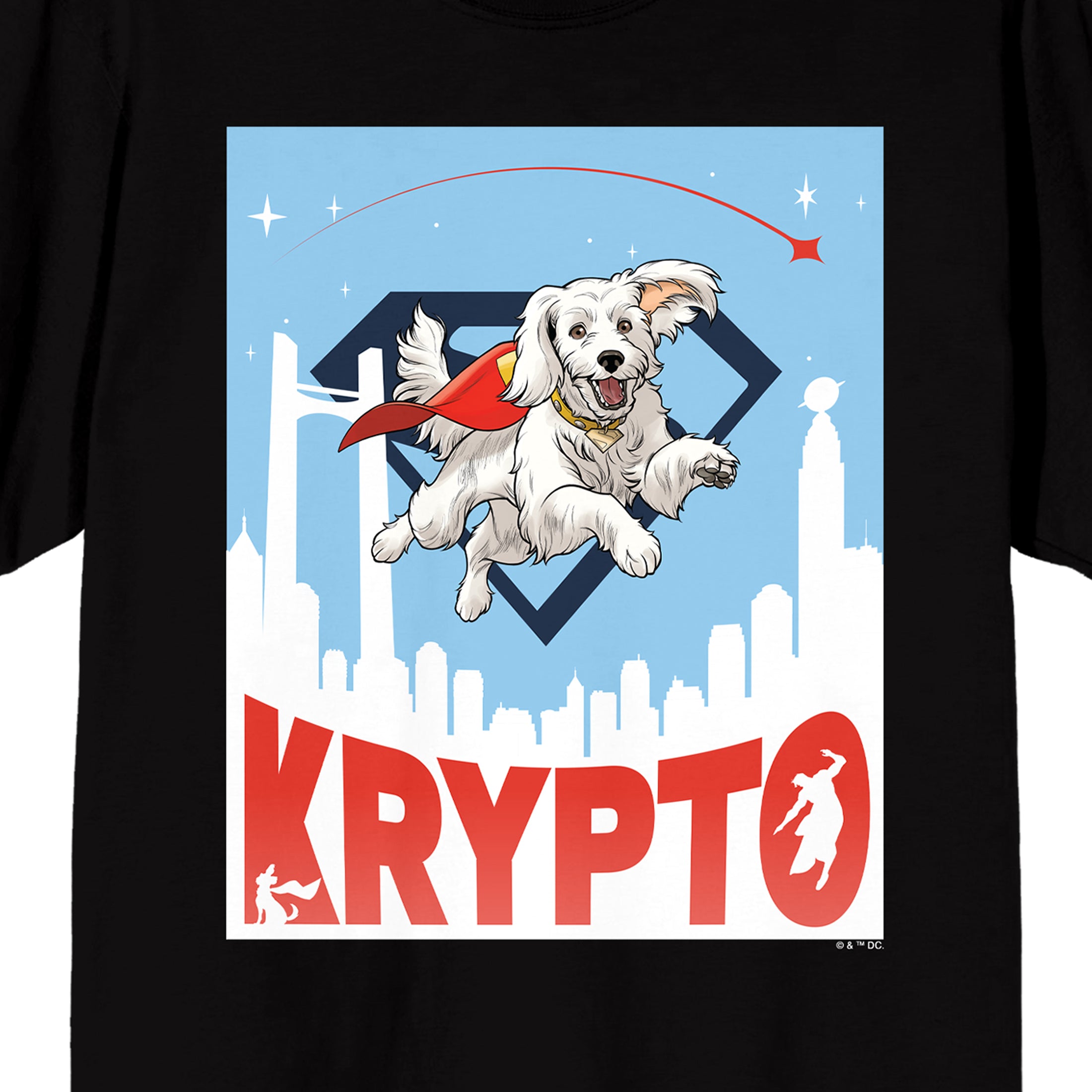 Superman 2025 Krypto Flying Above Metropolis Adult Black Crew Neck Short Sleeve T-shirt