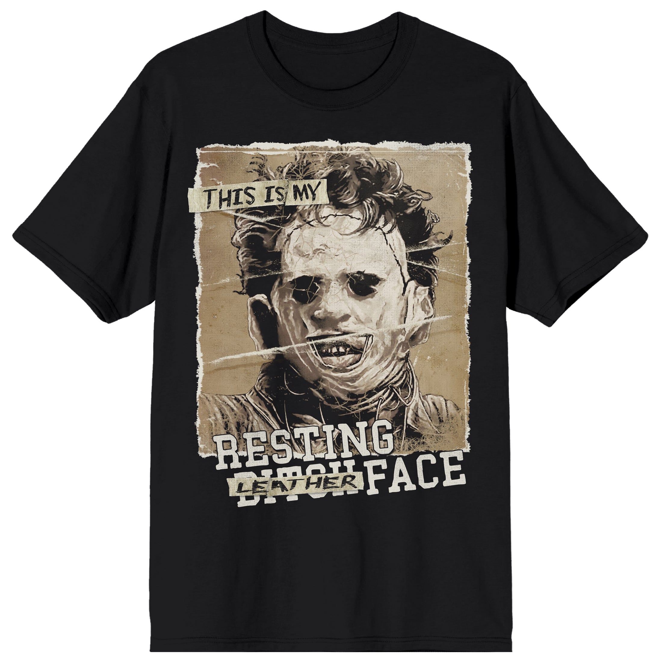 Texas Chainsaw Massacre Leatherface Resting Face Censored Monotone on Black Adult Crew Neck Short Sleeve T-shirt