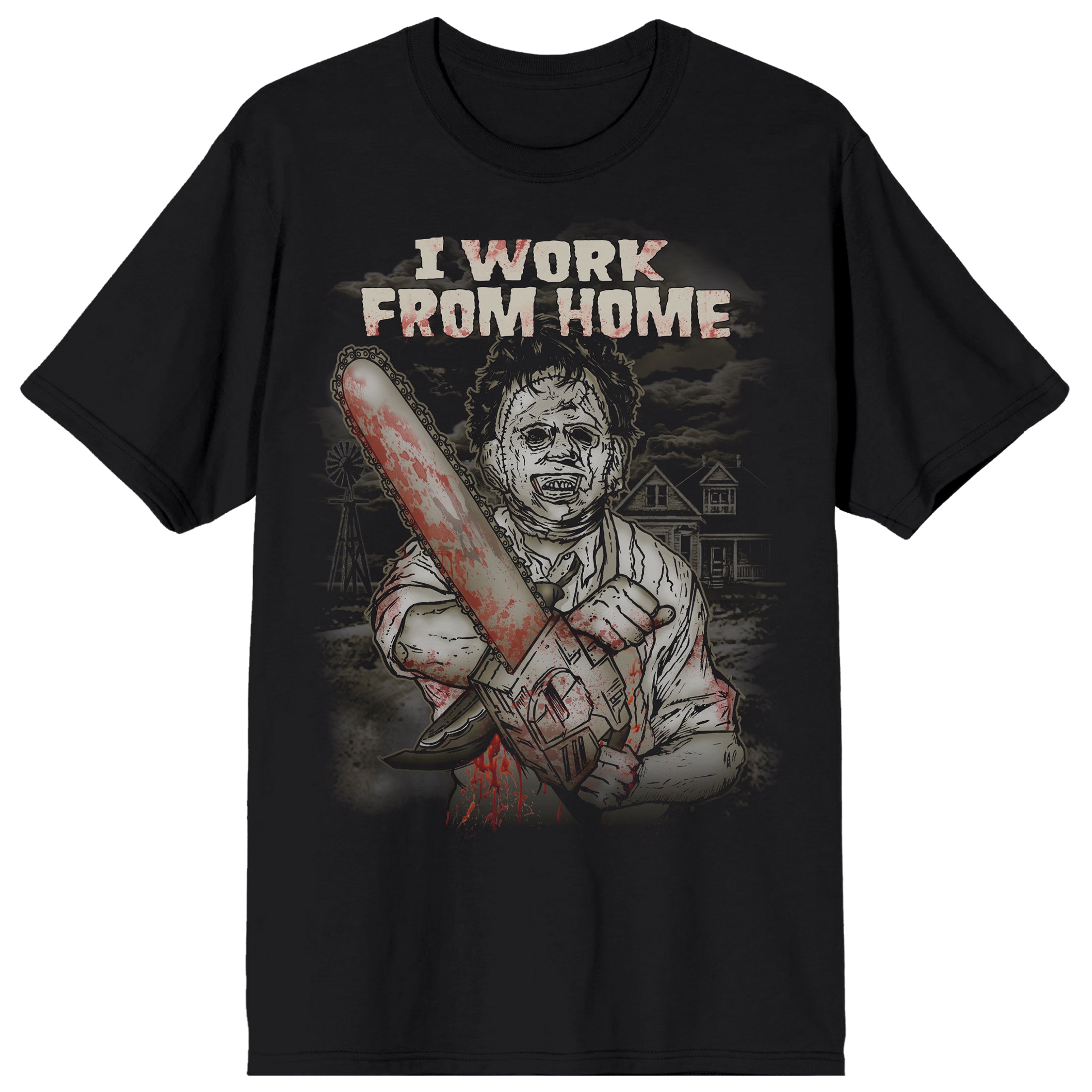 Texas Chainsaw Massacre Monotone Leatherface Illustrated I work From Home White Text On Black Adult Crew Neck Short Sleeve T-shirt