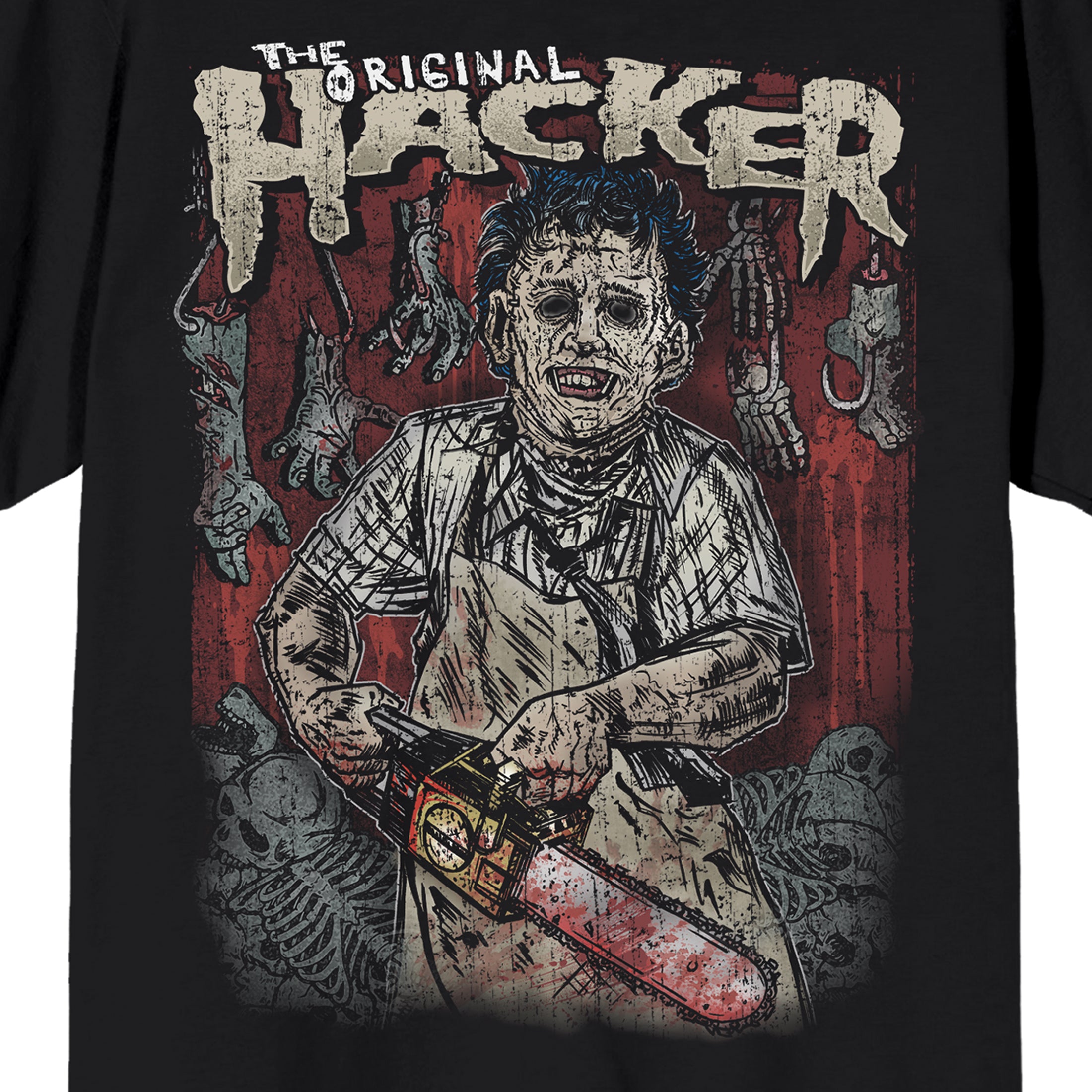 Texas Chainsaw Massacre Original Hacker Illustrated Leatherface on Black Adult Crew Neck Short Sleeve T-shirt