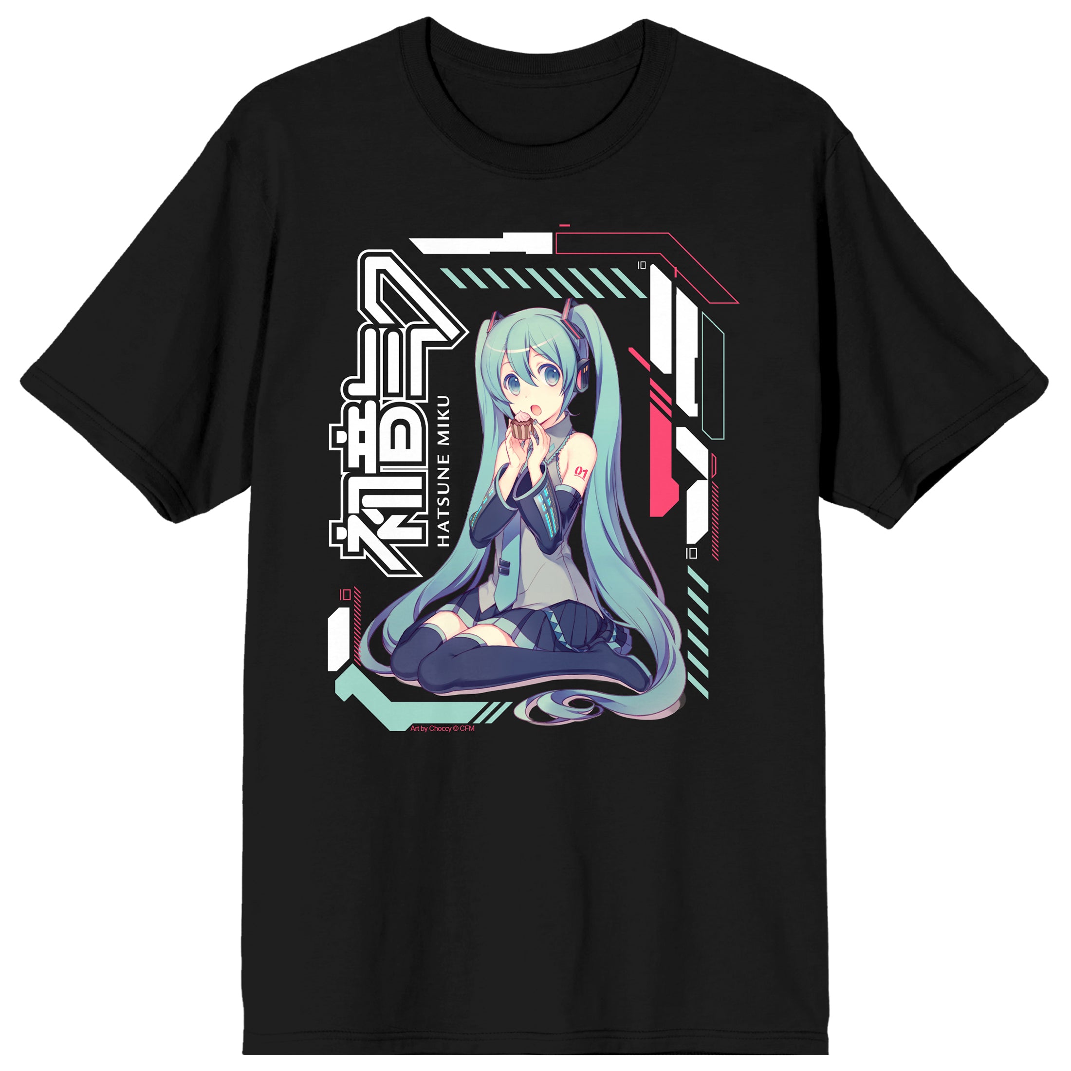 Hatsune Miku Futuristic Patterns Adult Black Crew Neck Short Sleeve T-shirt