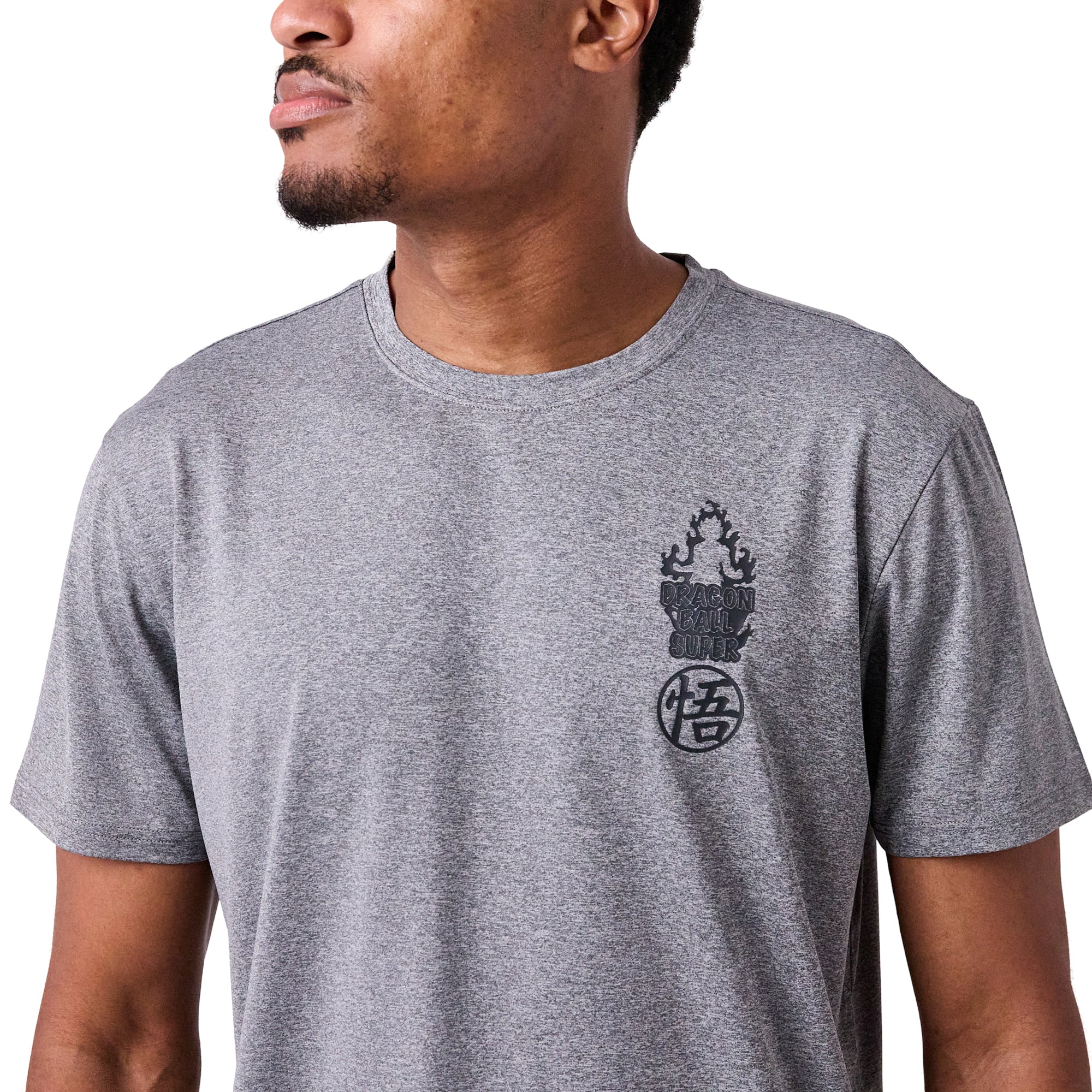 Dragon Ball Super Fiery Silhouette & Kanji Men's Athletic Heather Crew Neck Short Sleeve Performance Gym Tee Shirt
