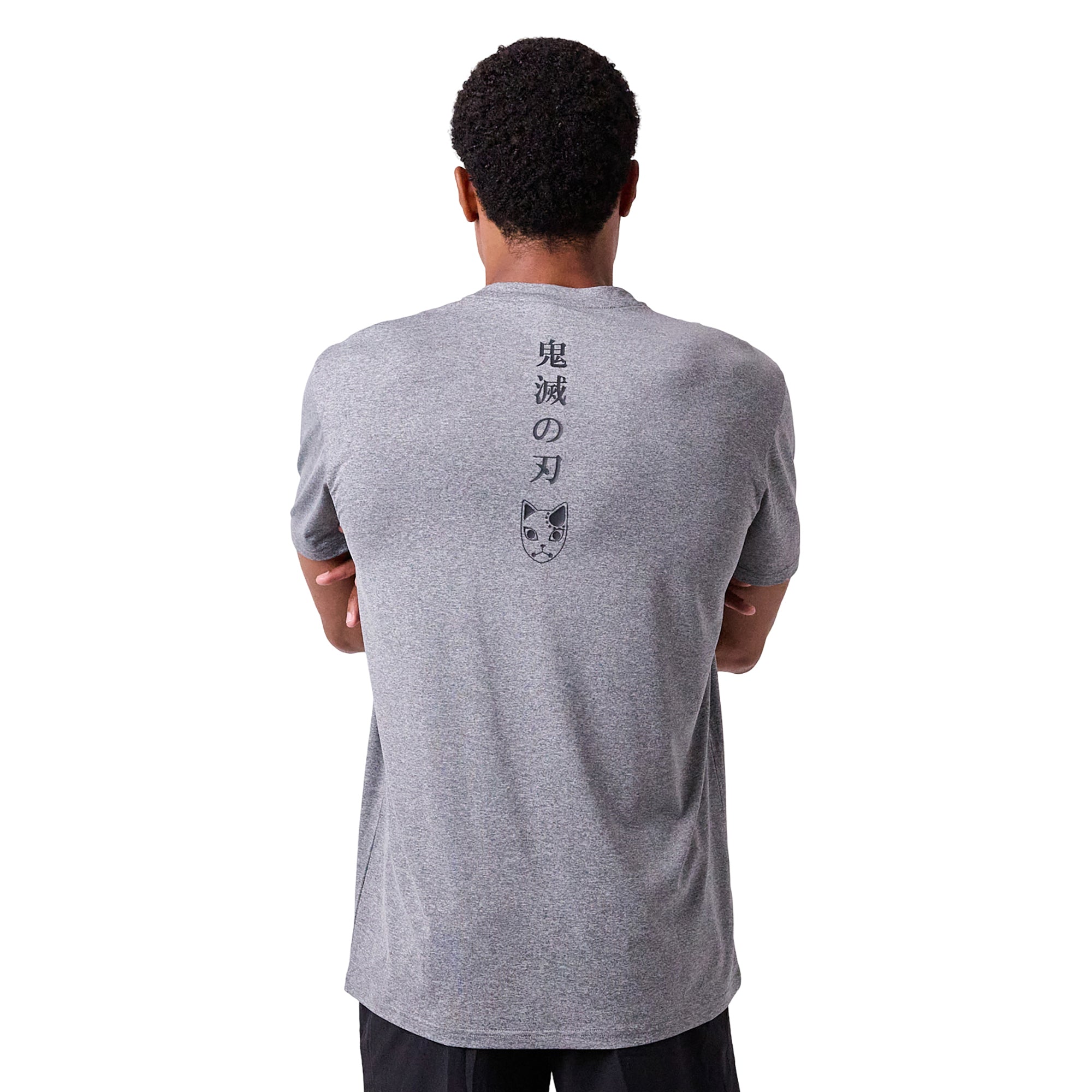 Demon Slayer Tanjiro Earring & Fox Mask Men's Athletic Heather Crew Neck Short Sleeve Performance Tee Gym Shirt