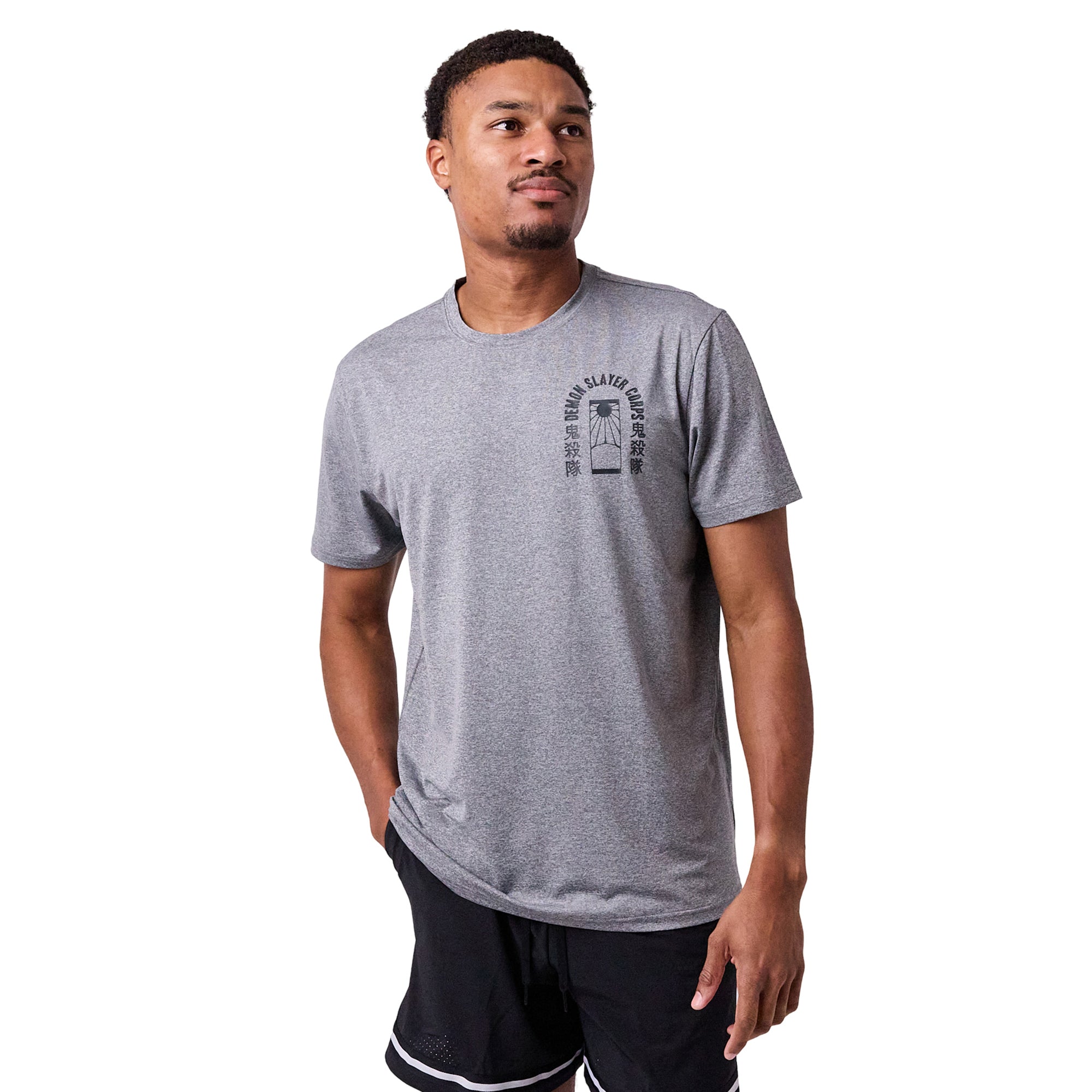 Demon Slayer Tanjiro Earring & Fox Mask Men's Athletic Heather Crew Neck Short Sleeve Performance Tee Gym Shirt