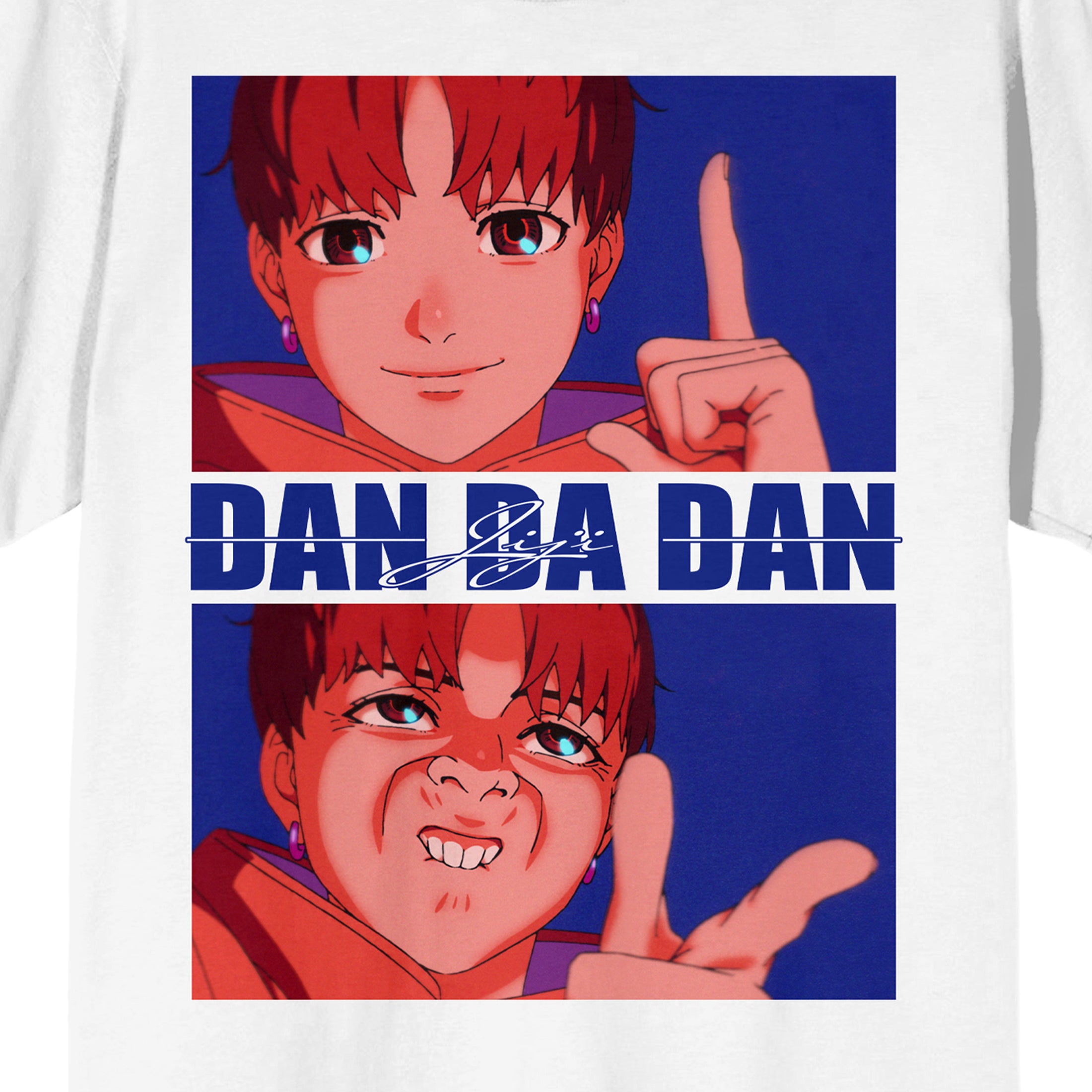 Dandadan Jin Enjoji Jiji text and dan da dan text on White Ground Adult Crew Neck Short Sleeve T-shirt