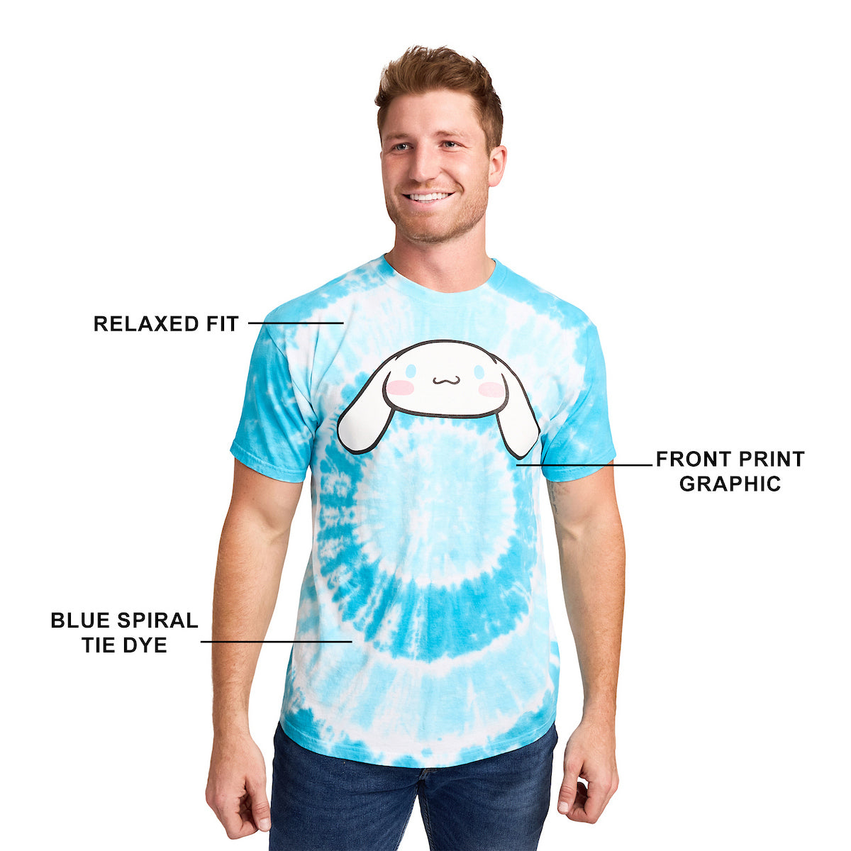 Cinnamoroll Character Face Men's Blue Spiral Tie-Dye Crew Neck Short Sleeve T-shirt