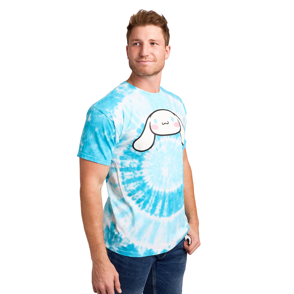 Cinnamoroll Character Face Men's Blue Spiral Tie-Dye Crew Neck Short Sleeve T-shirt