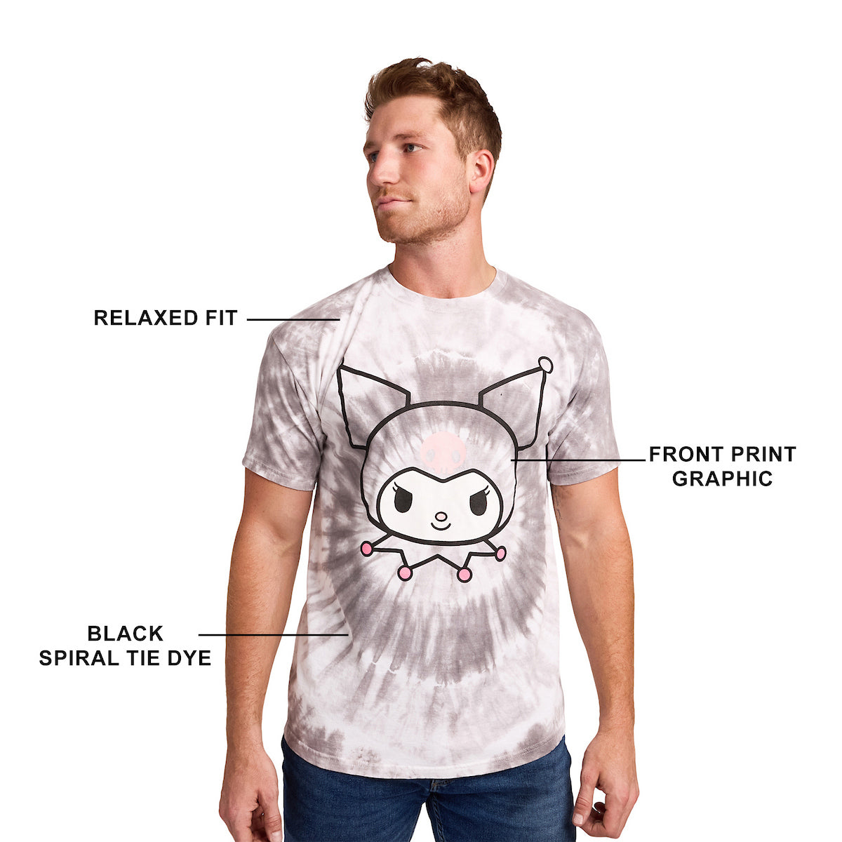 Kuromi Character Face Men's Black Spiral Tie-Dye Crew Neck Short Sleeve T-shirt