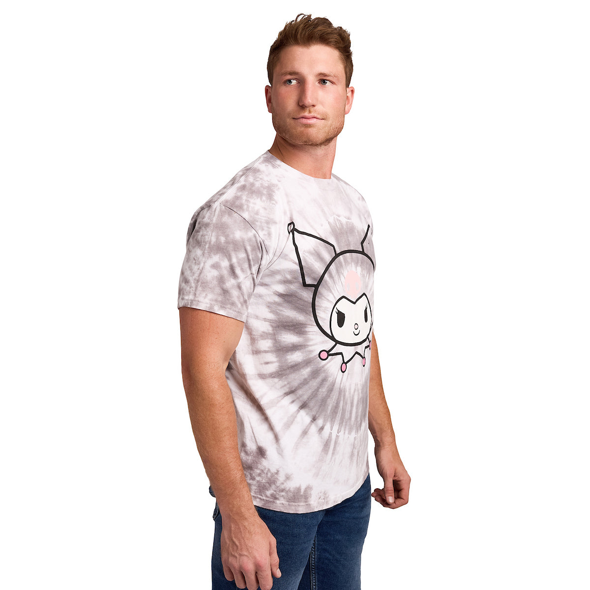 Kuromi Character Face Men's Black Spiral Tie-Dye Crew Neck Short Sleeve T-shirt