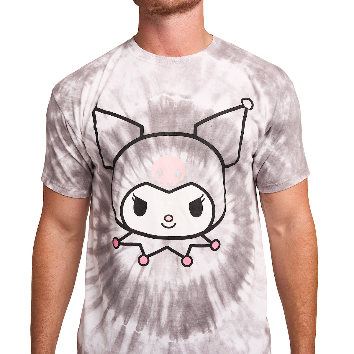 Kuromi Character Face Men's Black Spiral Tie-Dye Crew Neck Short Sleeve T-shirt