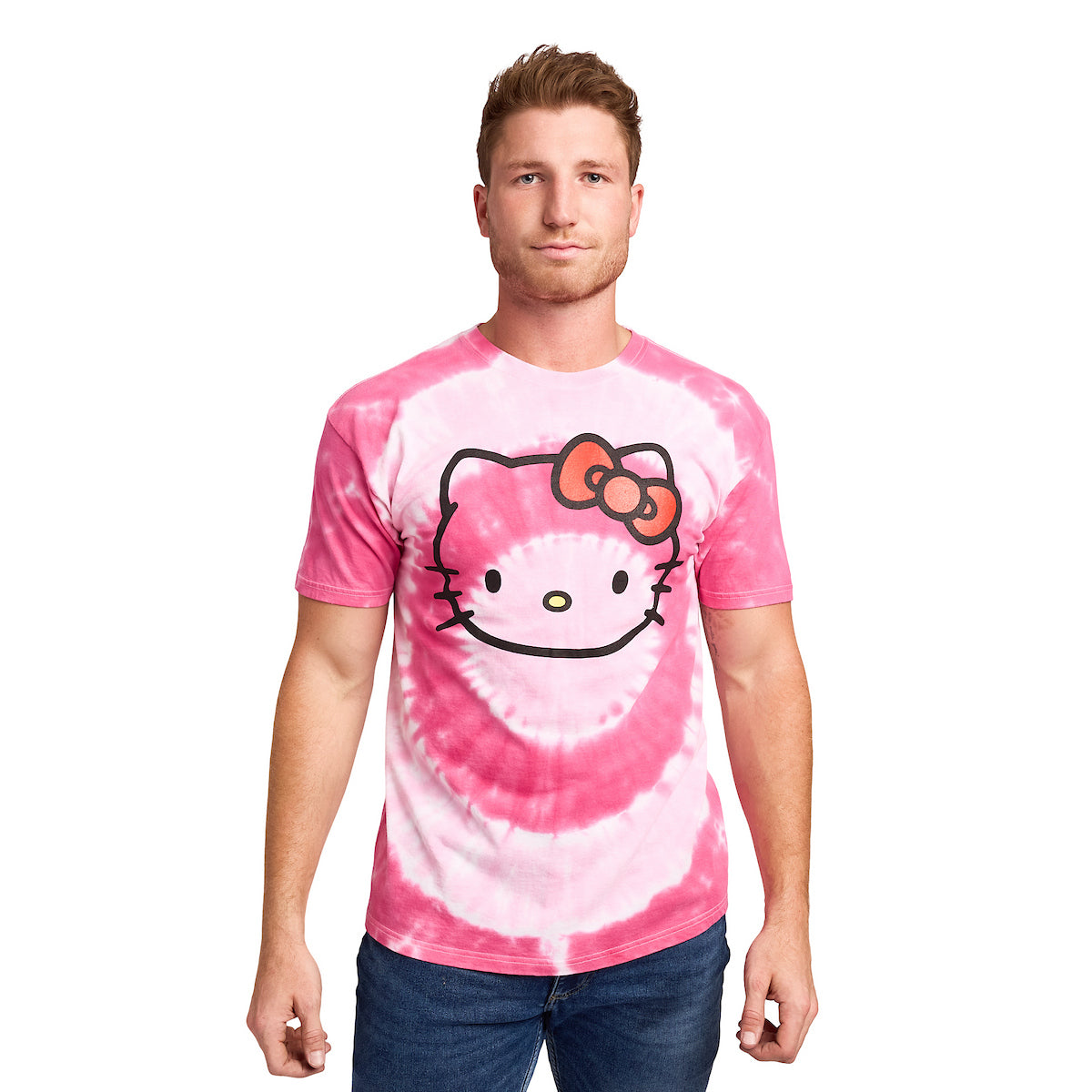 Hello Kitty Character Face Men's Pink Spiral Tie-Dye Crew Neck Short Sleeve T-shirt