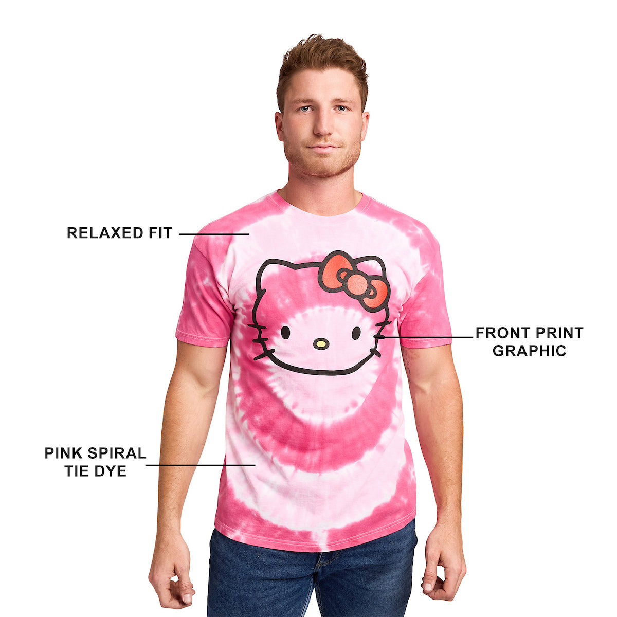 Hello Kitty Character Face Men's Pink Spiral Tie-Dye Crew Neck Short Sleeve T-shirt