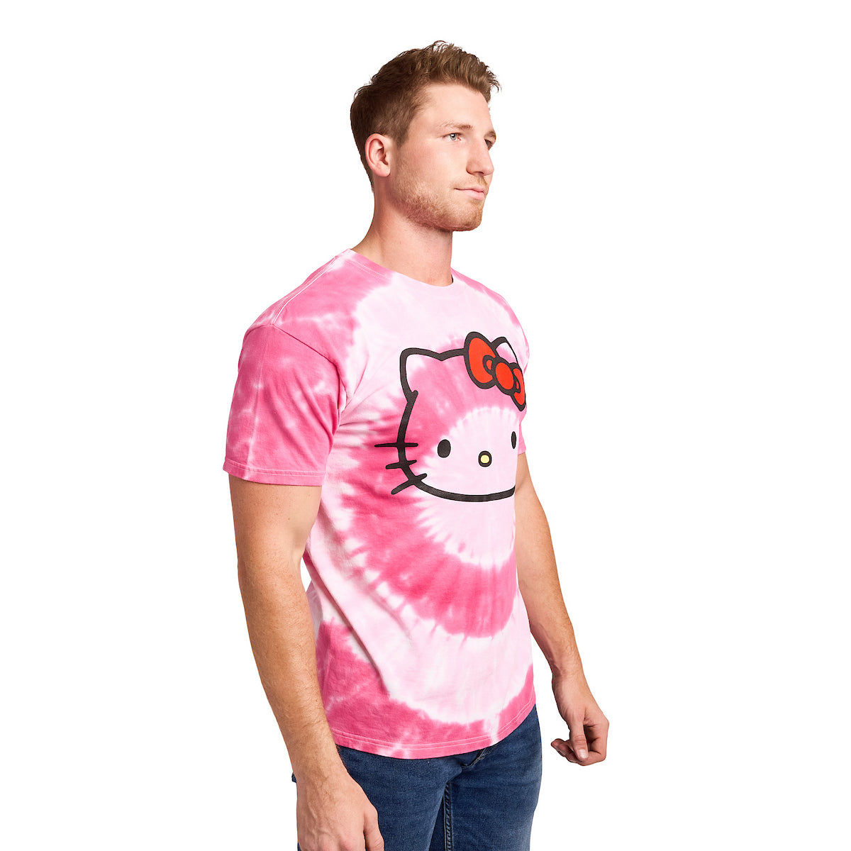 Hello Kitty Character Face Men's Pink Spiral Tie-Dye Crew Neck Short Sleeve T-shirt