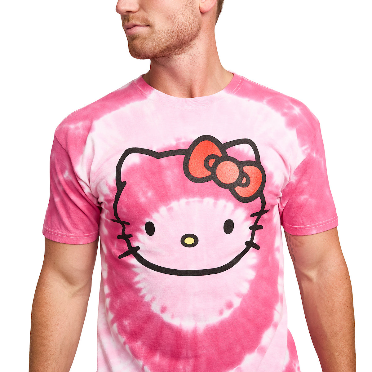 Hello Kitty Character Face Men's Pink Spiral Tie-Dye Crew Neck Short Sleeve T-shirt