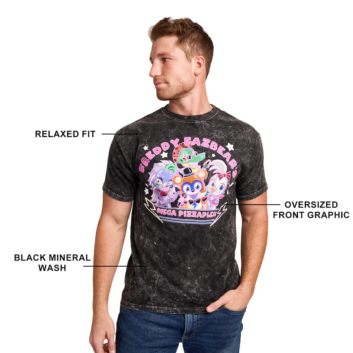 Five Nights At Freddy's Mega PizzaPlex Chibi Group Shot Men's Black Mineral Wash Crew Neck Short Sleeve T-shirt