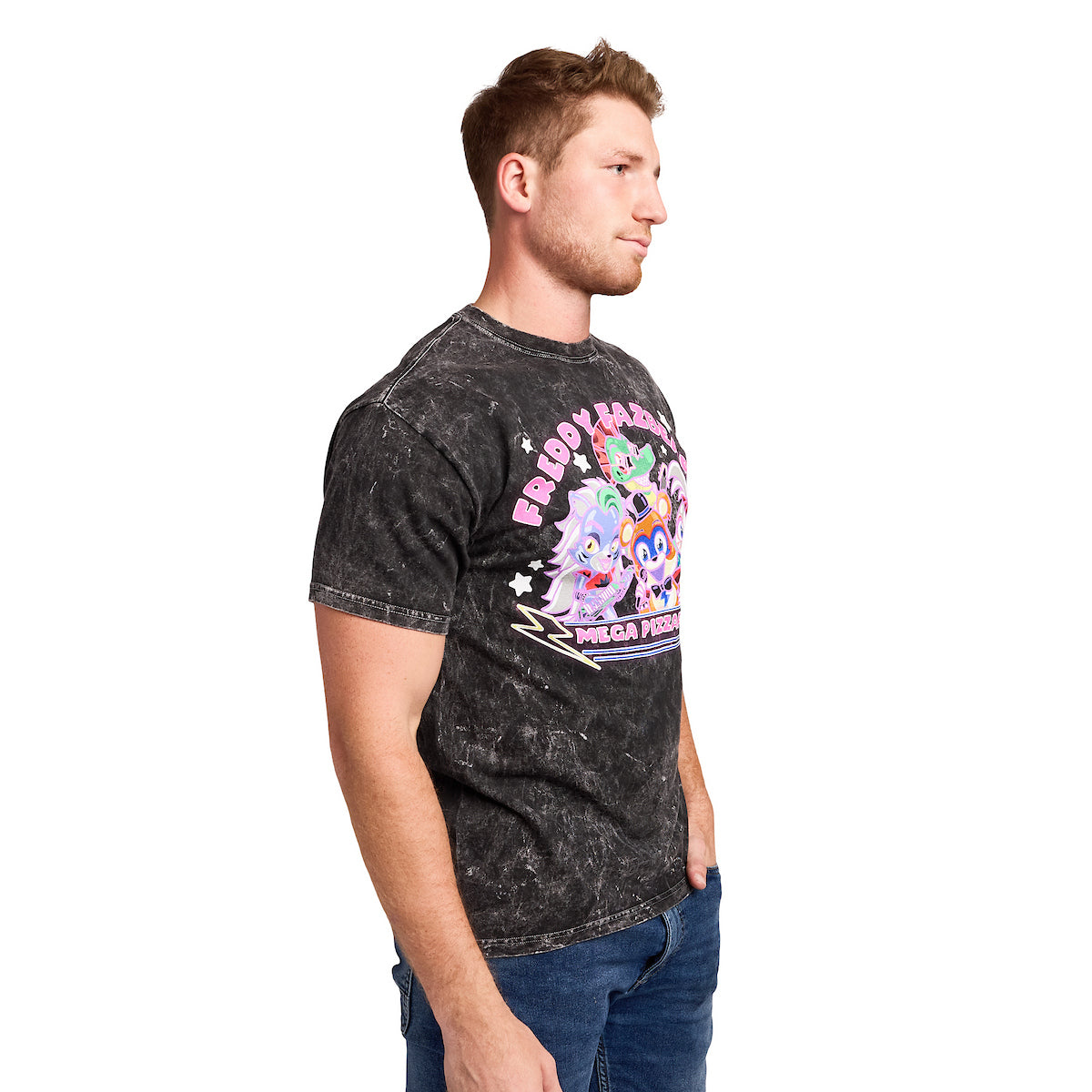 Five Nights At Freddy's Mega PizzaPlex Chibi Group Shot Men's Black Mineral Wash Crew Neck Short Sleeve T-shirt