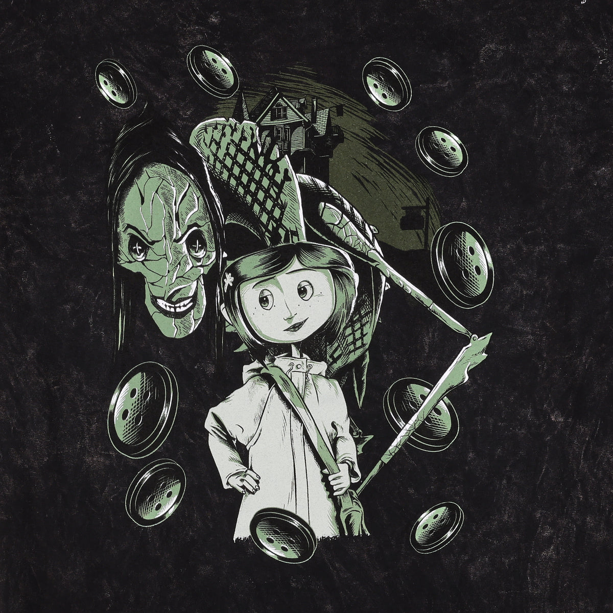 Coraline And Other Mother With Buttons on Men's Charcoal Mineral Wash Short Sleeve Tee