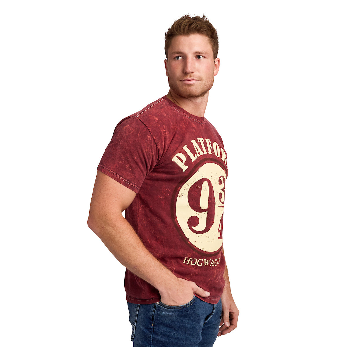 Harry Potter Platform 9 ¾ Men's Maroon Mineral Wash Crew Neck Short Sleeve T-shirt