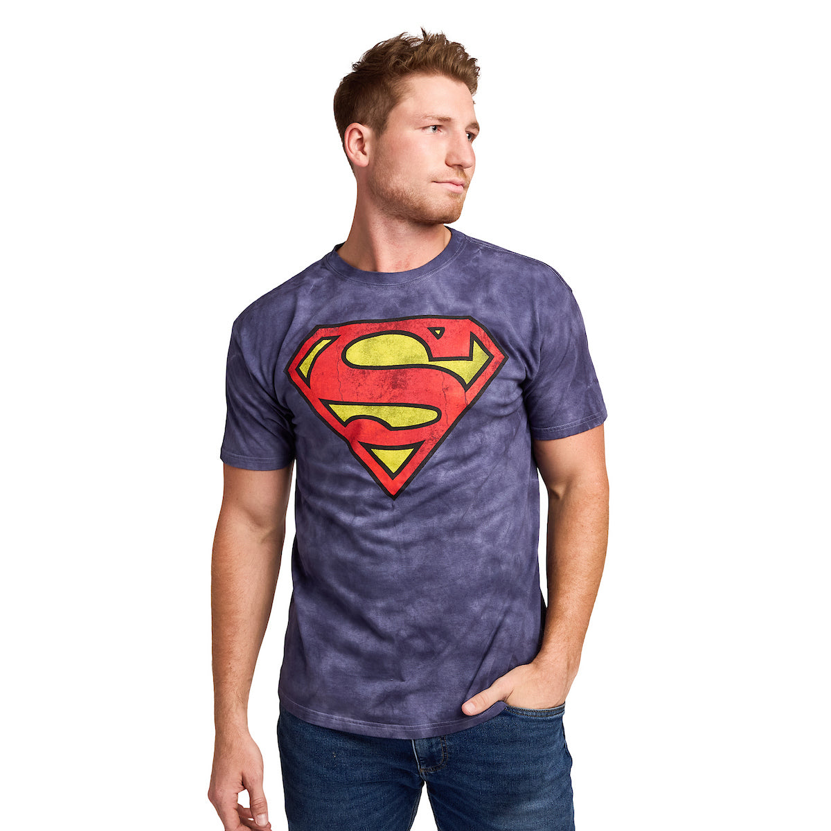 Superman Logo Men's Navy Crystal Wash Crew Neck Short Sleeve T-shirt