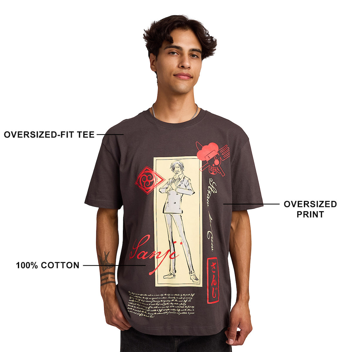 One Piece Character Banner Men's Charcoal Crew Neck Short Sleeve T-shirt