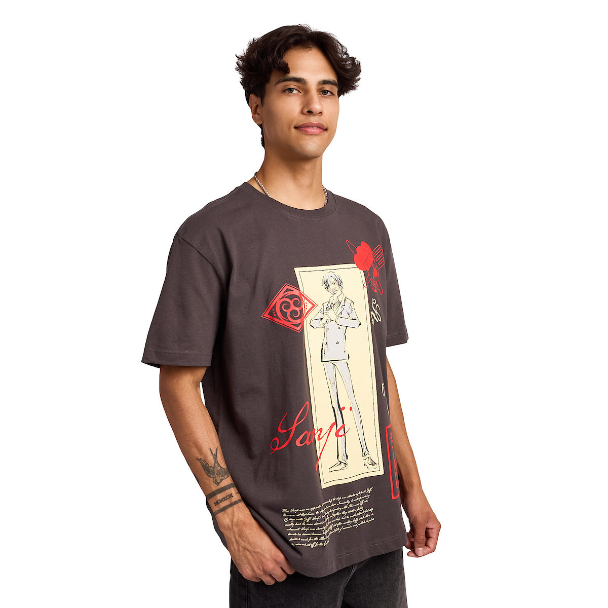 One Piece Character Banner Men's Charcoal Crew Neck Short Sleeve T-shirt