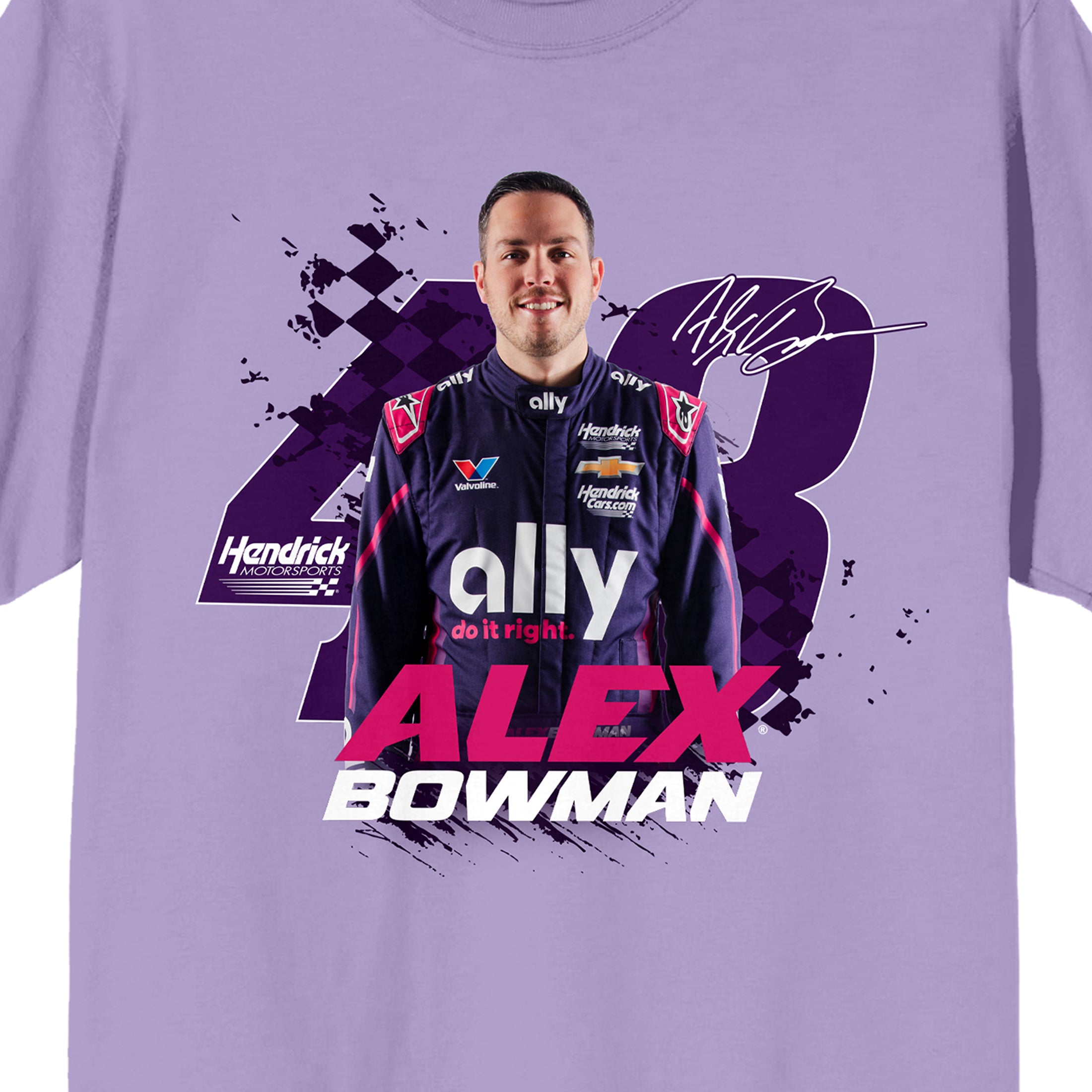 Hendrick - Alex Bowman Alex bowman standing pose signature Hendrick motorsports logo 48 on lavender Adult White Crew Neck Short Sleeve T-shirt