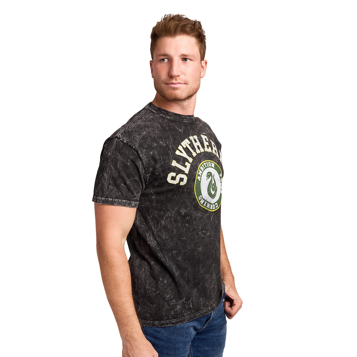 Harry Potter Slytherin Varsity Men's Gray Vintage Mineral Wash Crew Neck Short Sleeve T-shirt