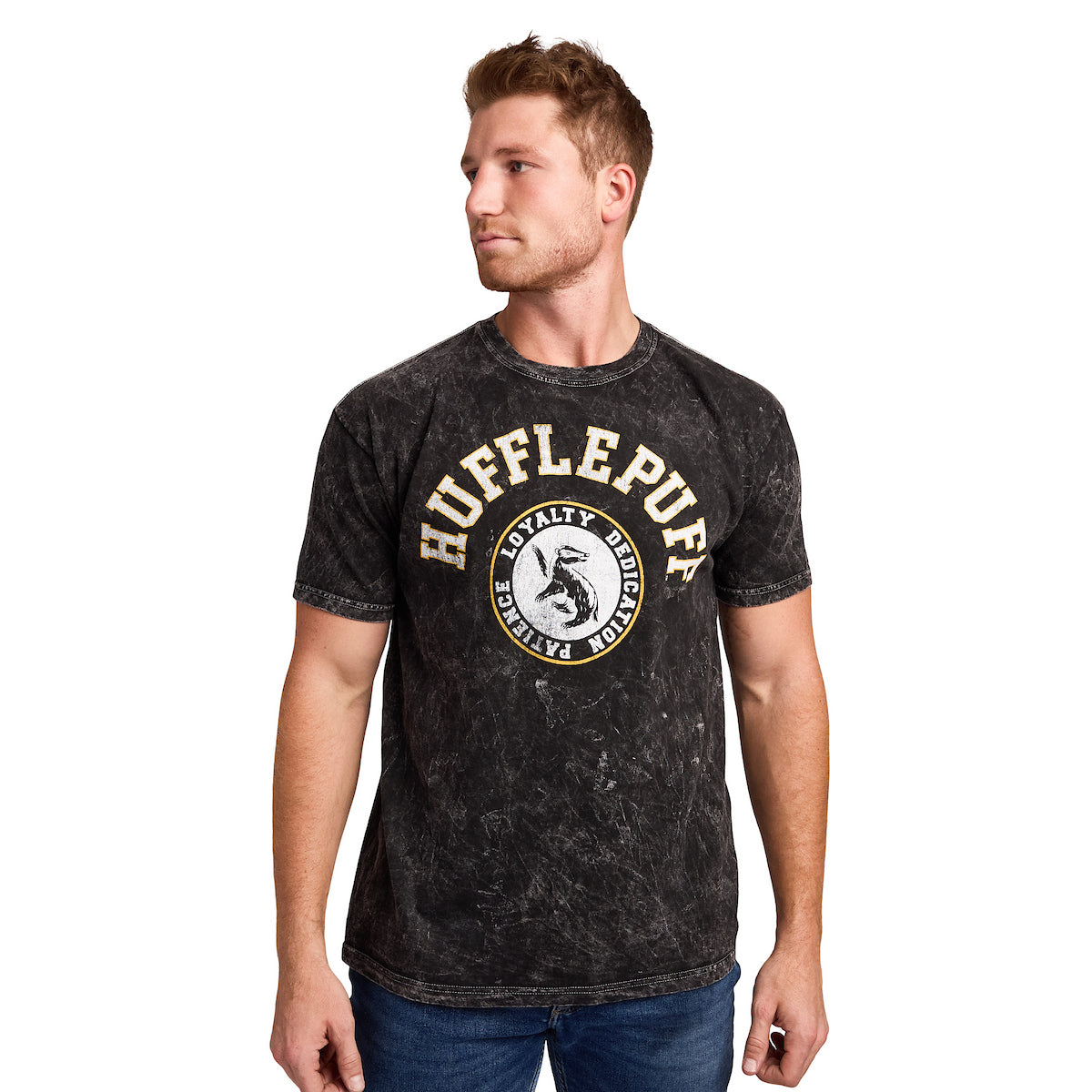 Harry Potter Hufflepuff Varsity Men's Black Vintage Mineral Wash Crew Neck Short Sleeve T-shirt
