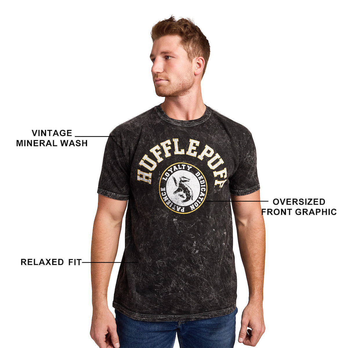 Harry Potter Hufflepuff Varsity Men's Black Vintage Mineral Wash Crew Neck Short Sleeve T-shirt