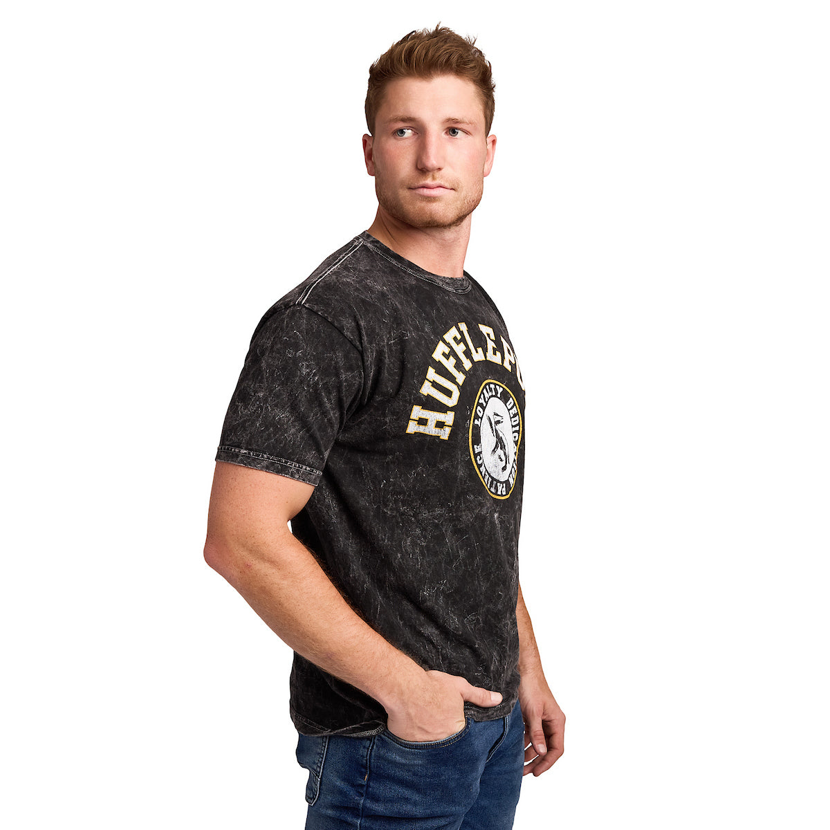 Harry Potter Hufflepuff Varsity Men's Black Vintage Mineral Wash Crew Neck Short Sleeve T-shirt